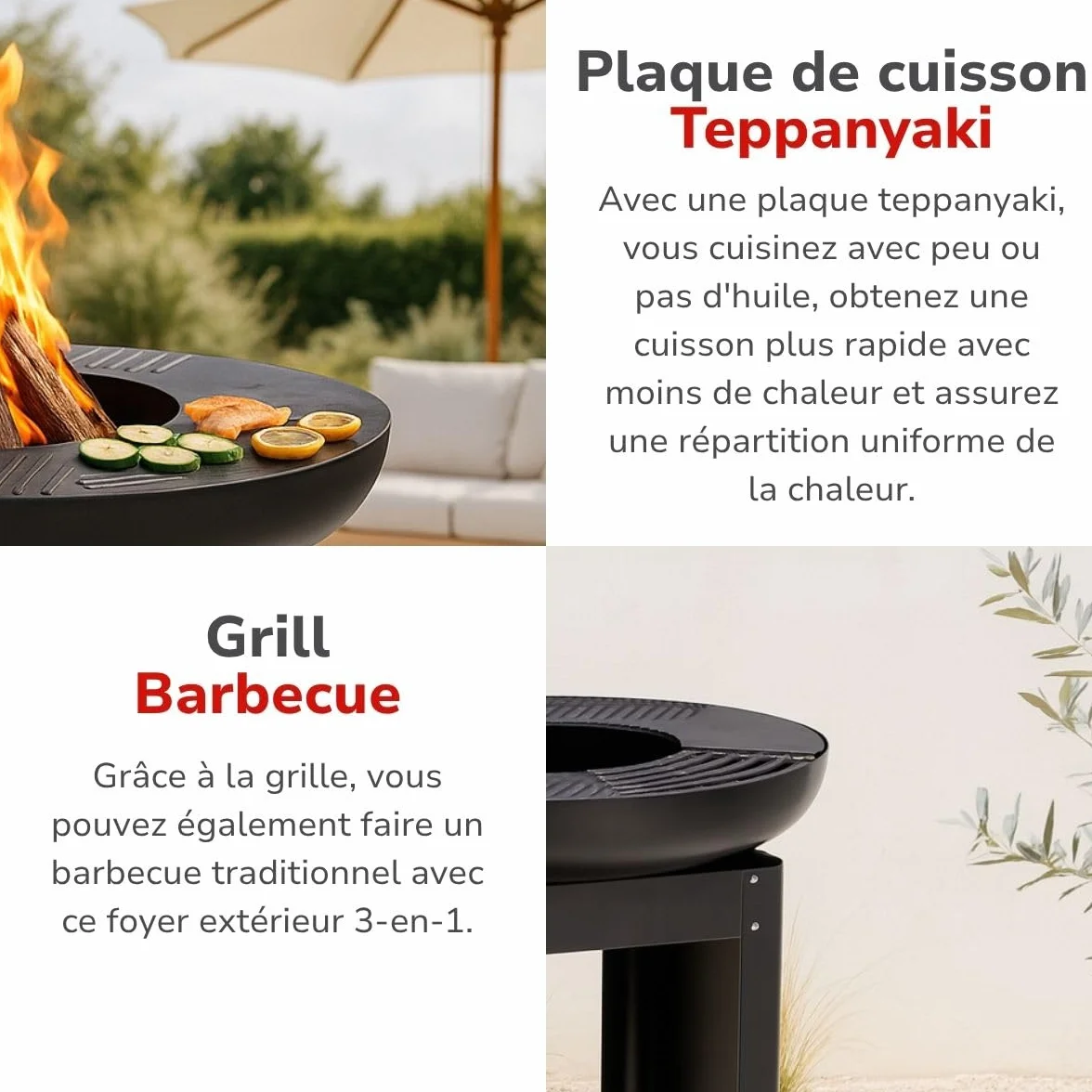 Alpina Foyer Extérieur 3 en 1 Cheminée de Jardin 61x90 cm avec Plaque Chauffante Teppanyaki Barbecue à Plancha