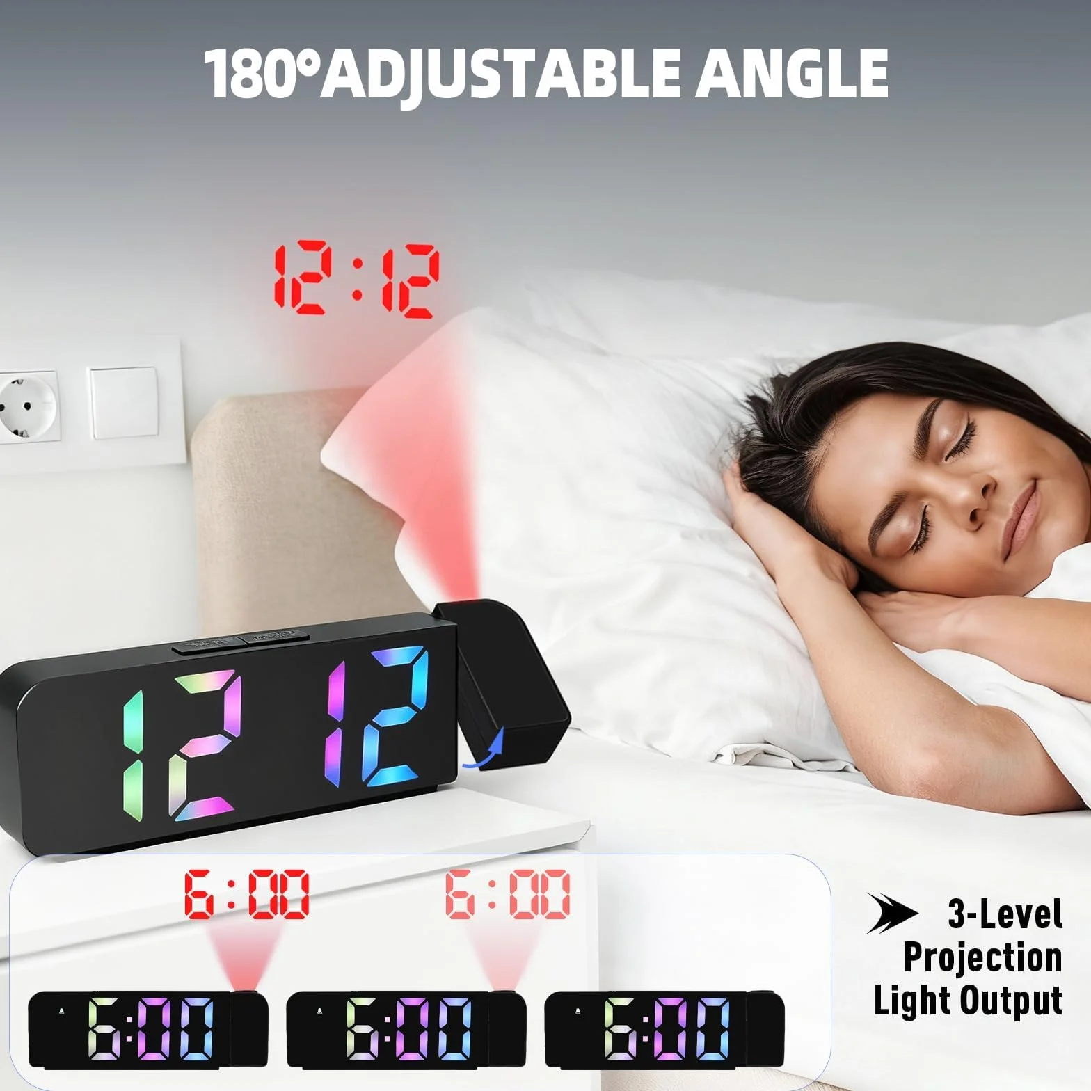 Réveil Projecteur 7,9" LED avec Projection Numérique, Thermomètre, 180° Réglable, Snooze, Mode Nuit