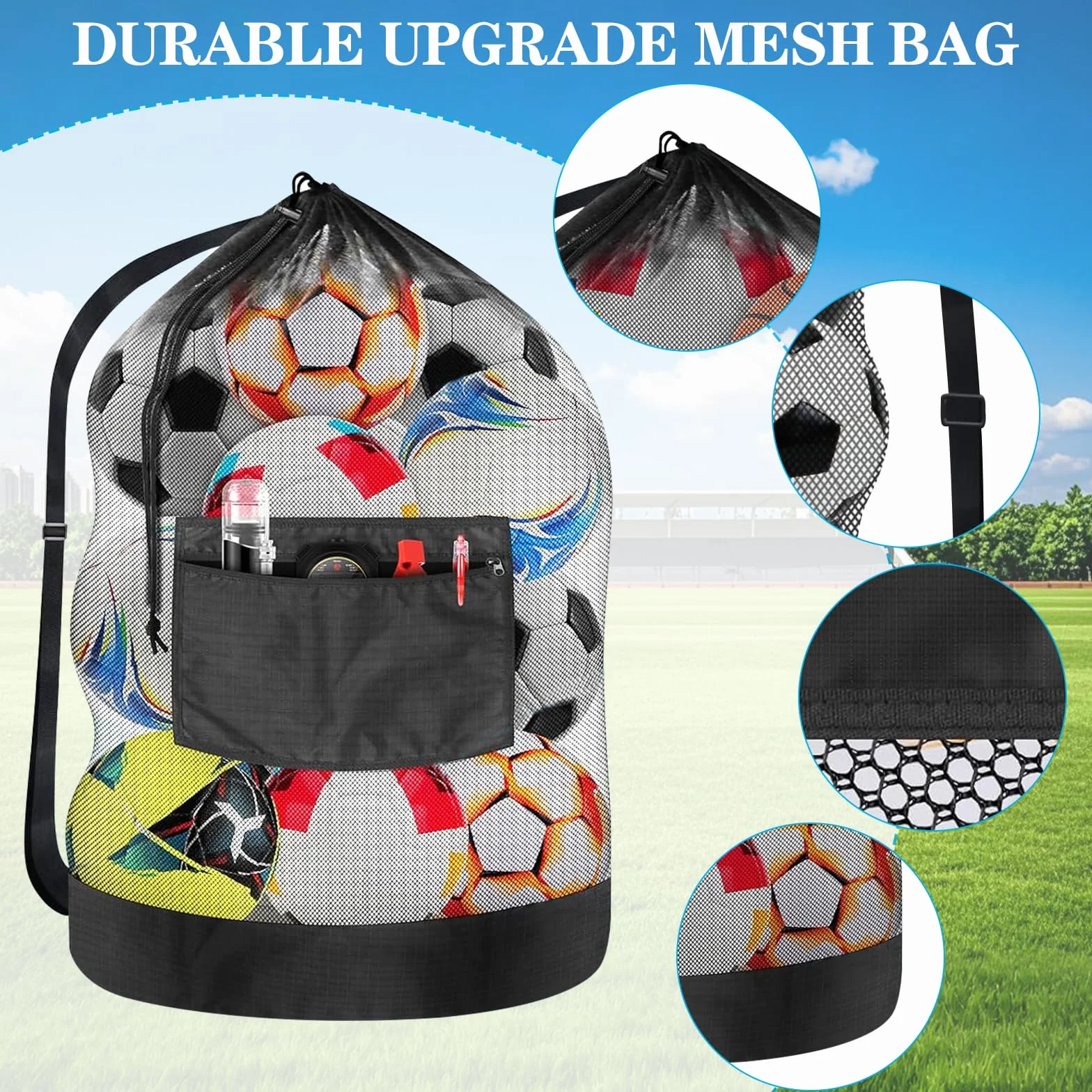 Sac de Ballon en Filet, Sac de Rangement pour Ballons, Sac à Ballons en Maille, Extra Large, avec Cordon de Serrage et Bandoulière, pour Basketball, Rugby, Football et Volleyball