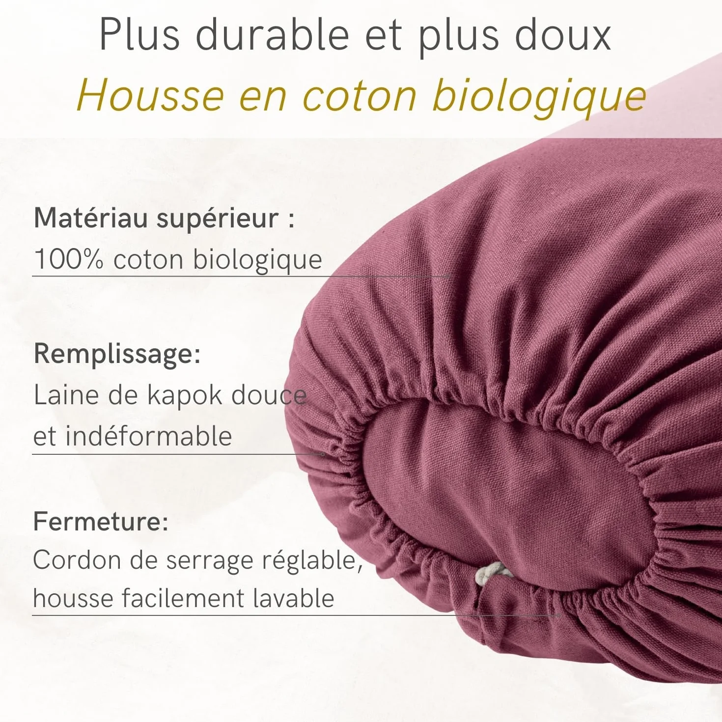 LOTUSCRAFTS Bolster de yoga pour Yin Yoga, rouleau de yoga, housse lavable en coton bio, coussin de yoga avec rembourrage en kapok, rouleau pilates, coussin de medidation