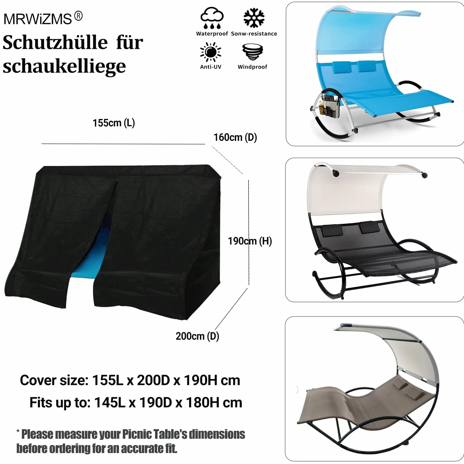 Housse de Chaise Longue Bain de Soleil 2 Places avec Coupe-Vent, 420D Imperméable