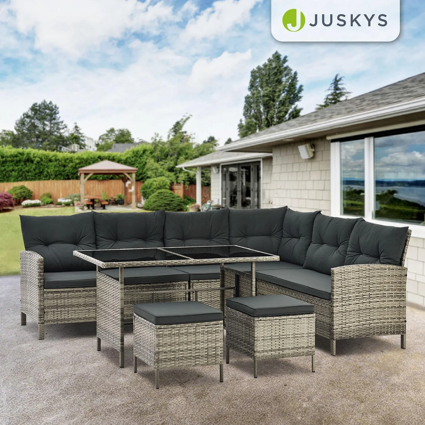 Juskys Salon de Jardin Manacor en Polyrotin Gris Moucheté - Ensemble de Meubles jusqu'à 7 Personnes avec Housses