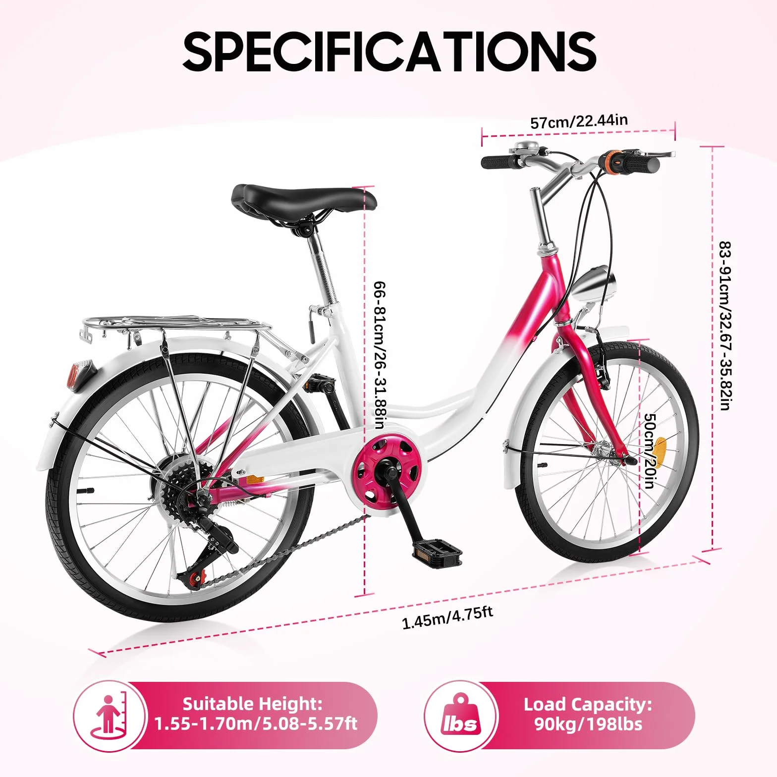 Vélo 20 pouces fille 6 vitesses freins doubles rose blanc
