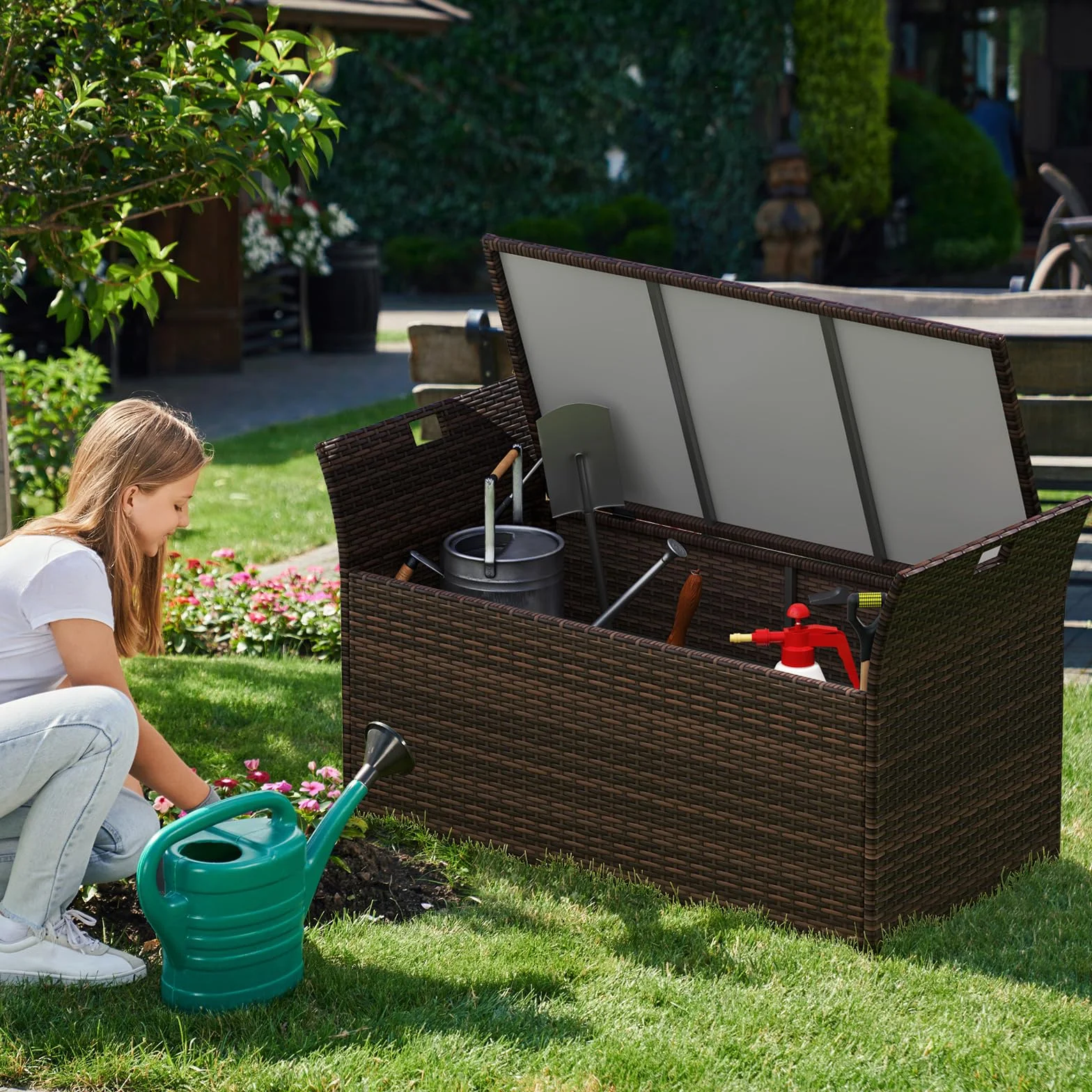 GIANTEX Banc de jardin 2 places rotin synthétique coffre rangement 260 L coussins 125 x 56 x 71 cm