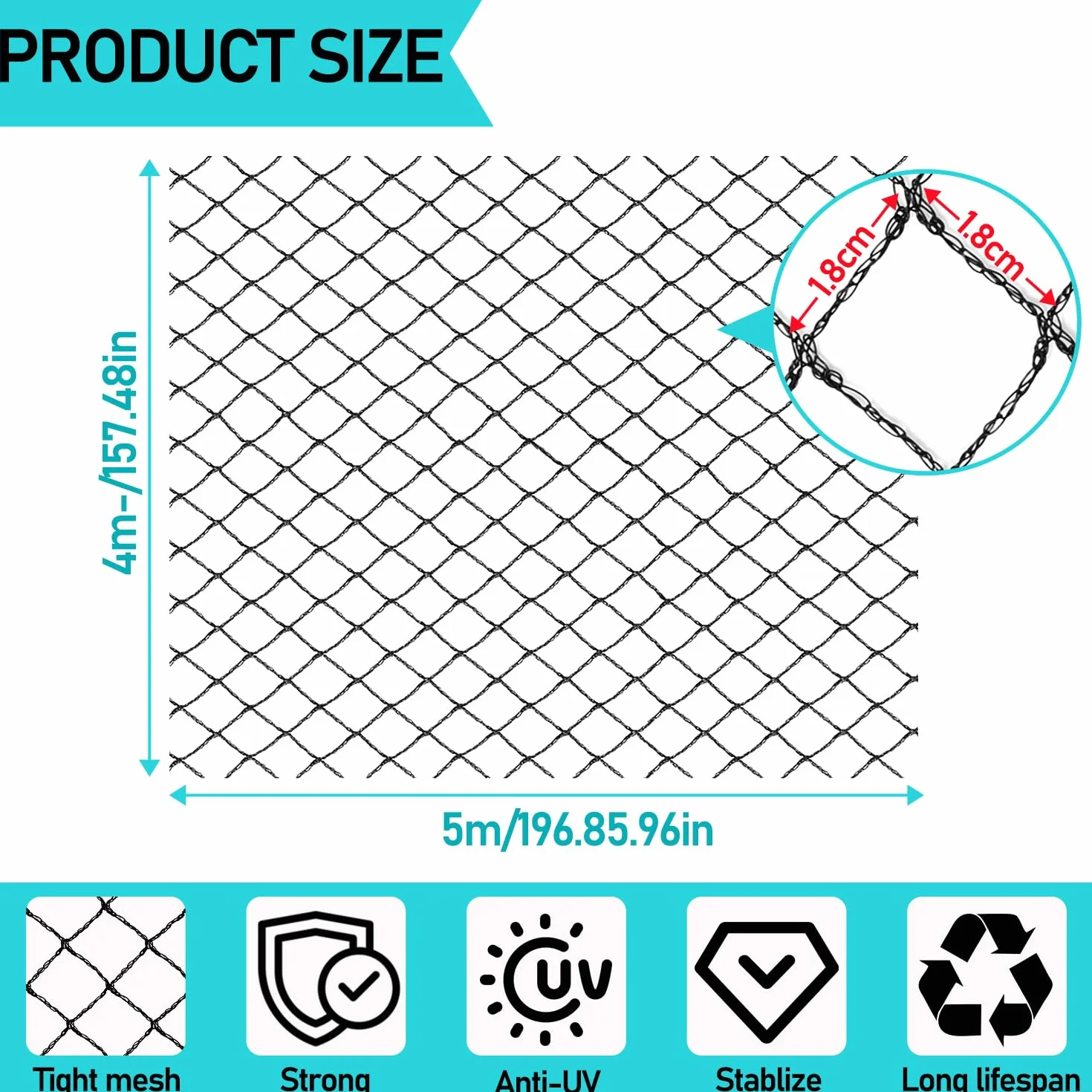 Filet Anti Oiseaux 5m x 4m Noir, Filet Poulailler Protection Bassin Mailles Fines Potager Fruits Résiste Intempéries