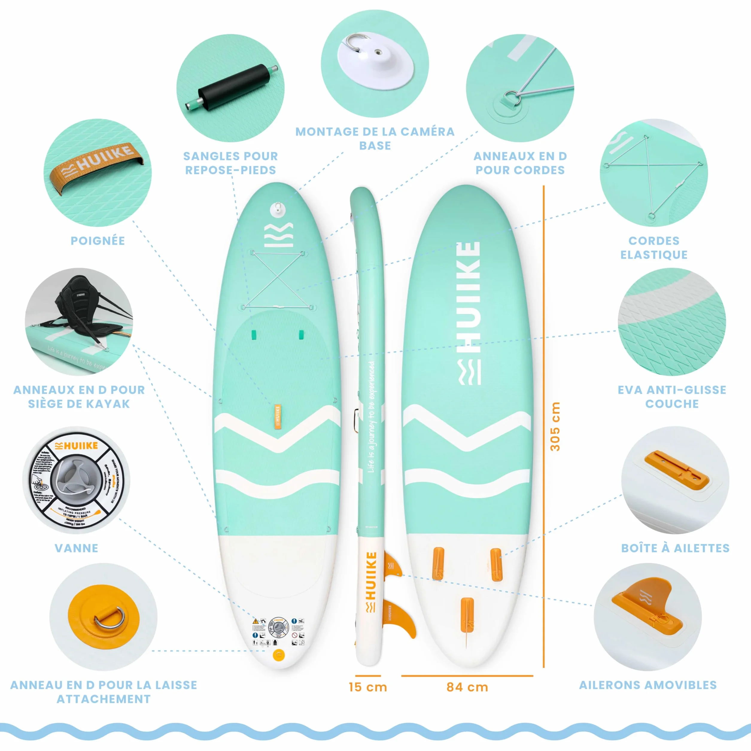 HUIIKE Paddle Gonflable Adulte avec Accessoires Inclus, Pagaie, Ailerons, Pompe. Planche de Stand Up Paddle Grande Stabilité et Résistance. 305 x 84 x 15 cm, Jusqu'à 130 kg