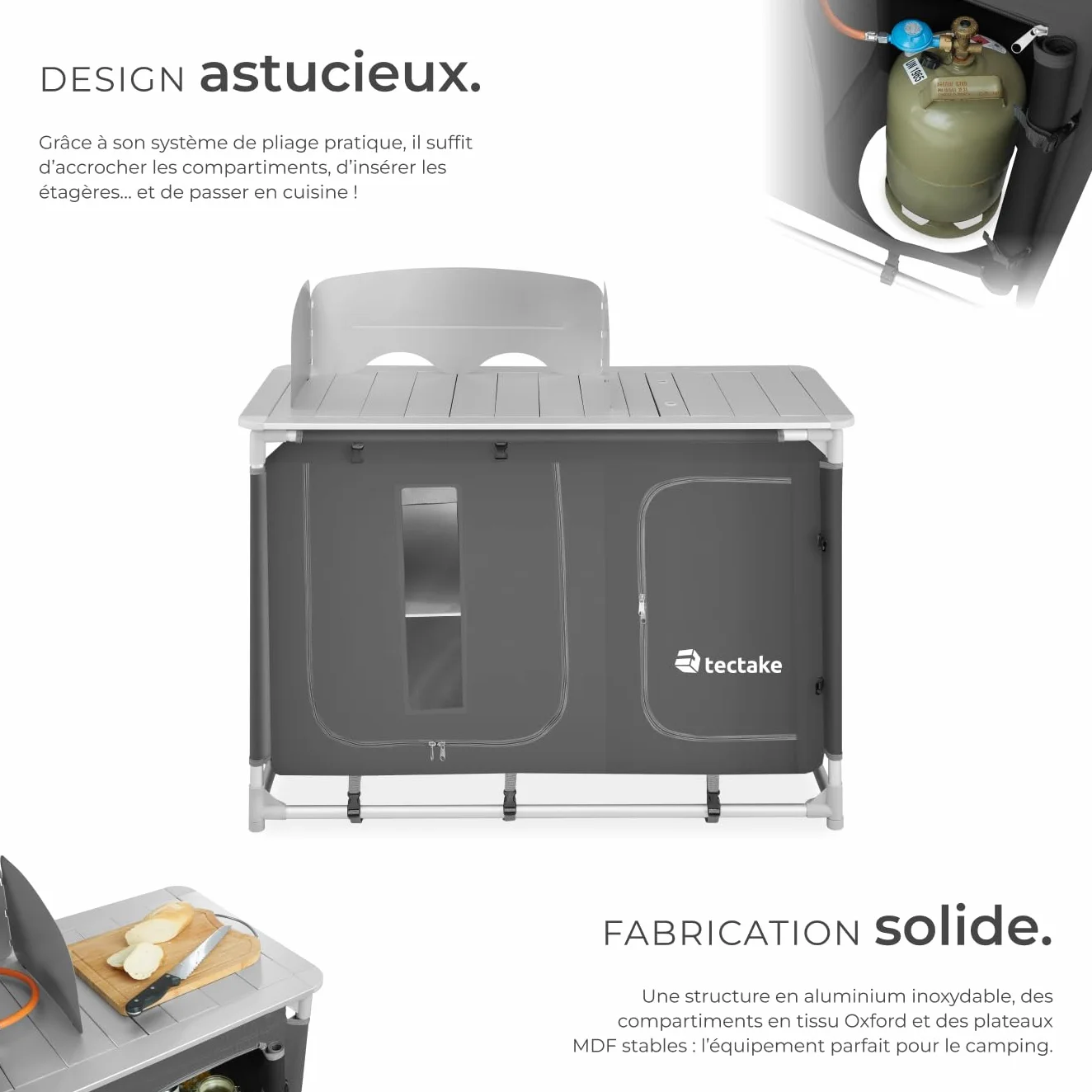 tectake® Meuble de Rangement Cuisine de Camping Pliable en Aluminium, avec Étagères, Plan de Travail, Pieds réglables, Sac de Transport Inclus, Stockage pour Vaisselle, Accessoires Cuisine, Aliments