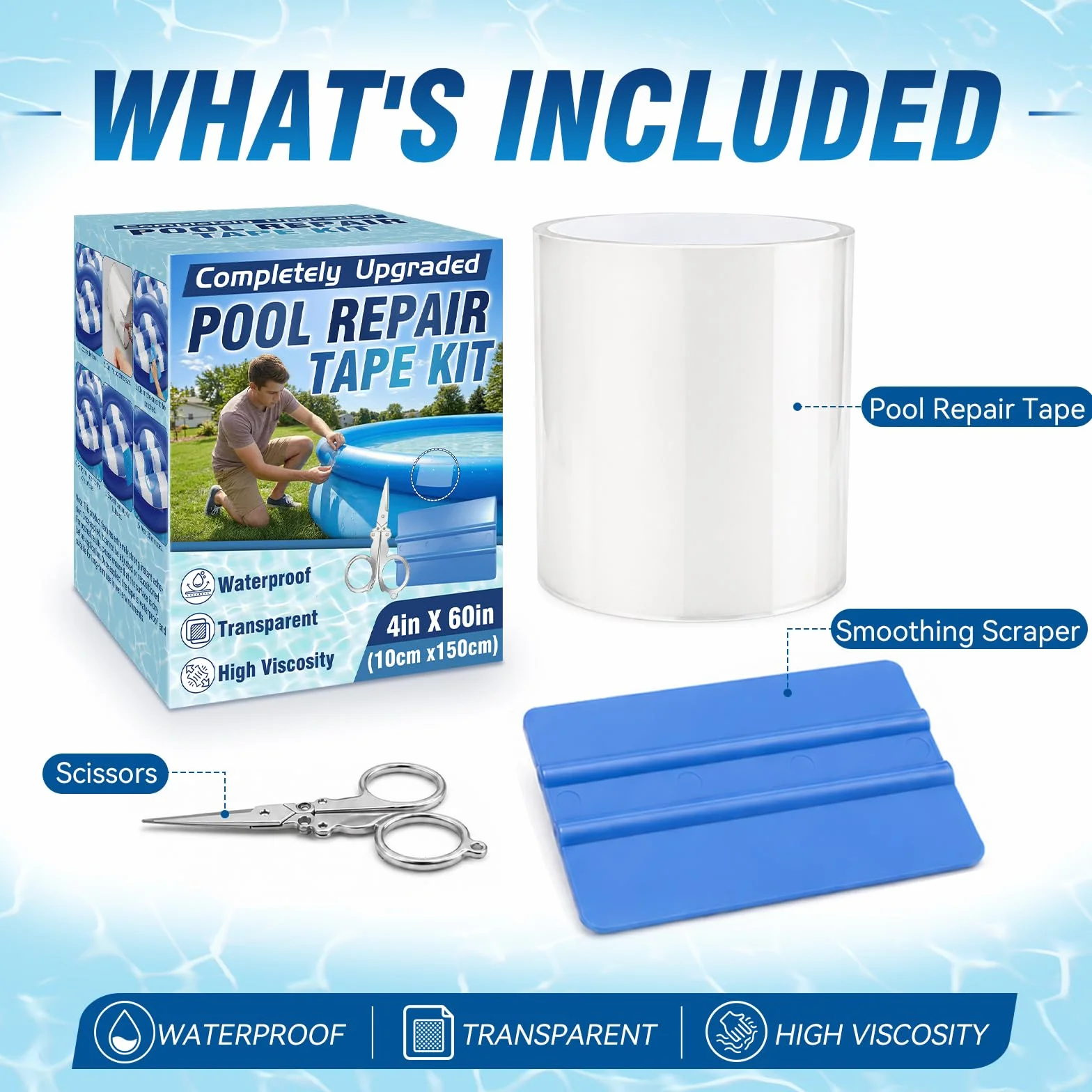 Vigorder Rustine Piscine 10 x 150 cm Kit Réparation Liner PVC Étanche Auto-Adhésif