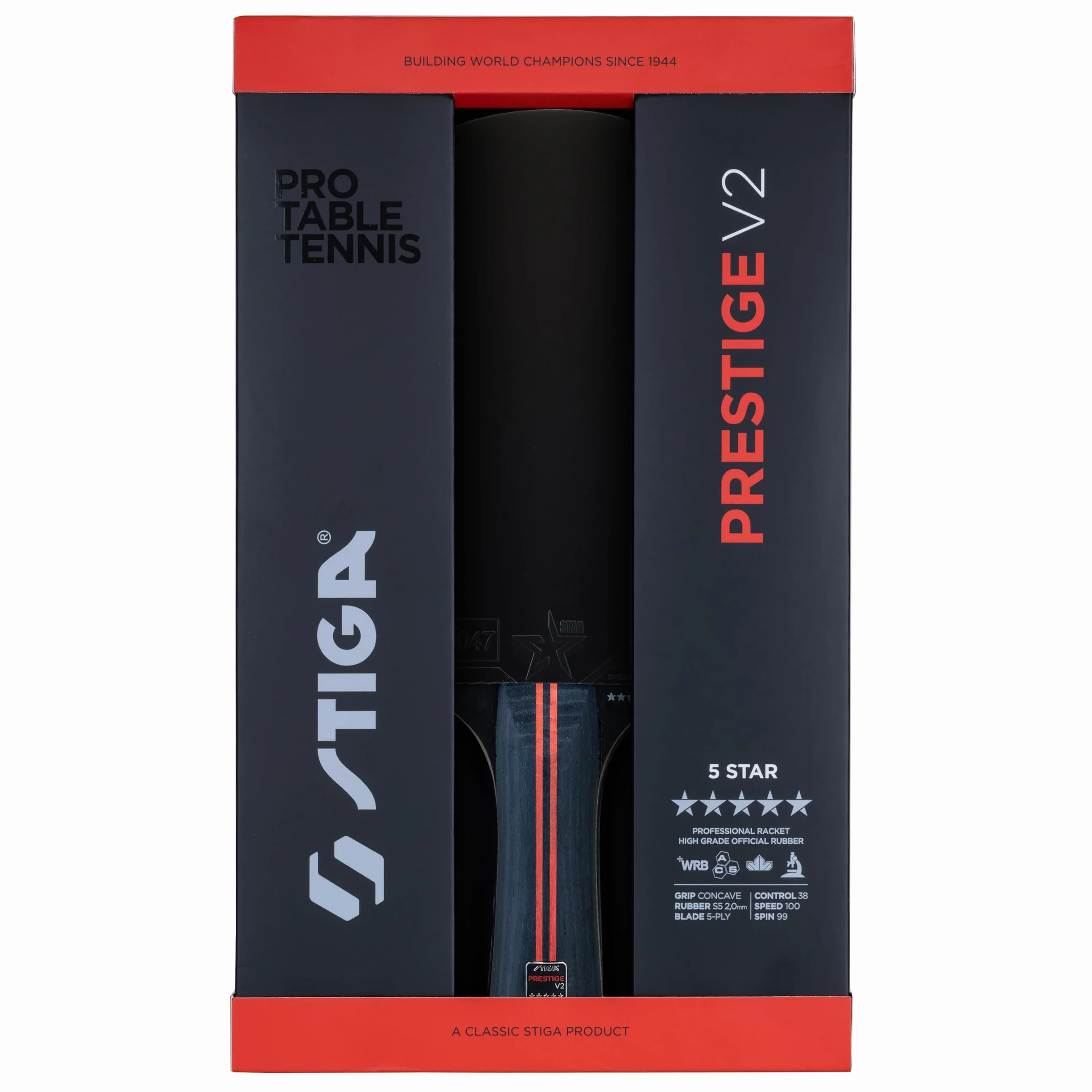 STIGA Raquette de Tennis de Table Prestige V2 – Raquette 5 Étoiles Offensif, Haute Vitesse, Bois 5 Plis, Manche Concave, Technologies ACS & WRB, Revêtement ITTF Star 5, Mousse 2,0 mm