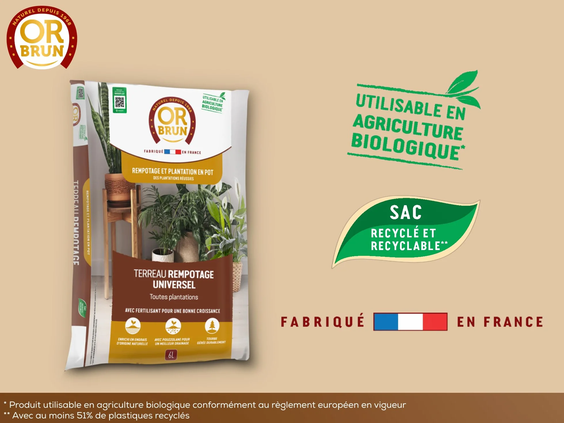 Or Brun Terreau Rempotage Universel 6L pour Plantes en Pots