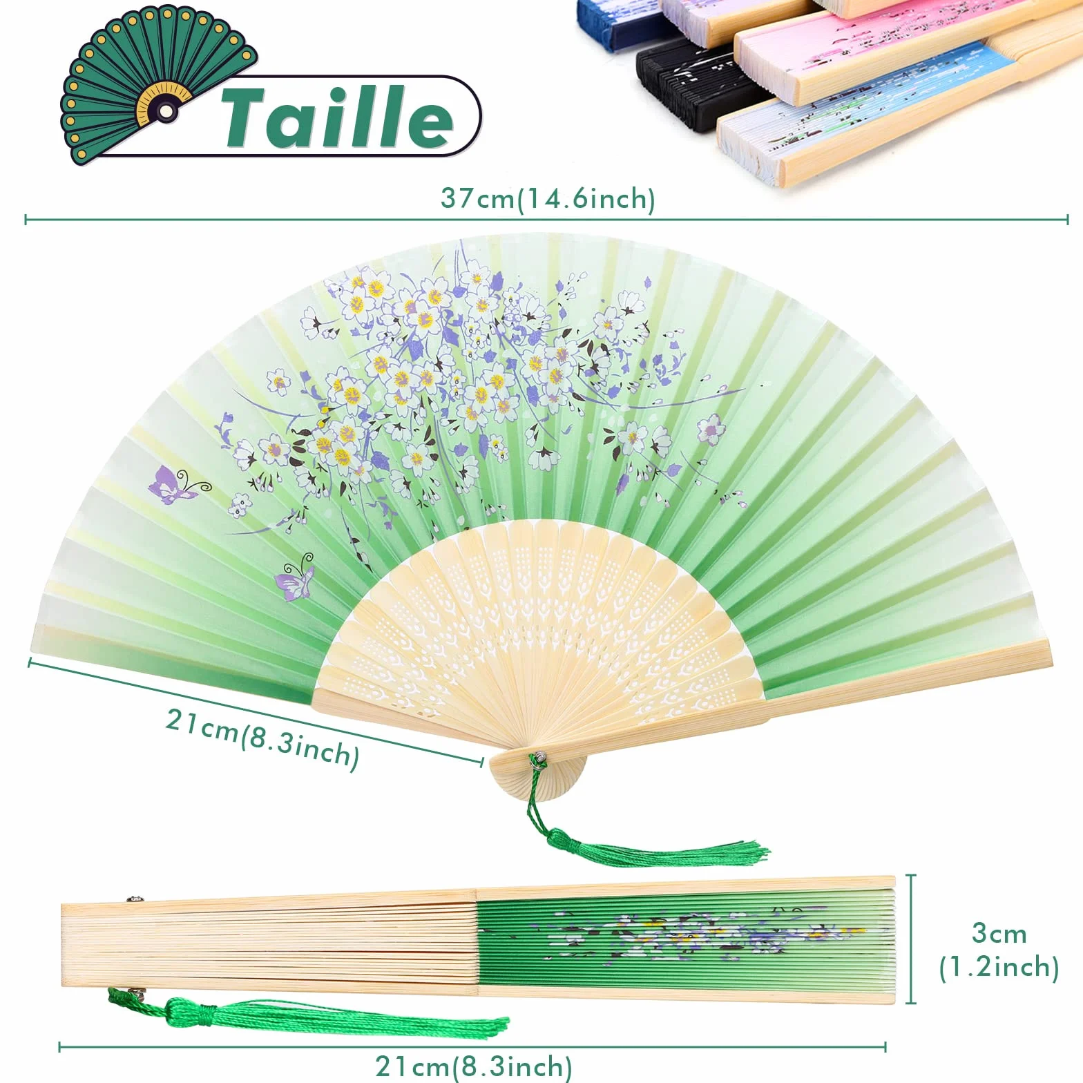 Éventails Pliants 6Pcs Eventail Japonais en Soie et Bambou avec Frange pour Décoration Mariage