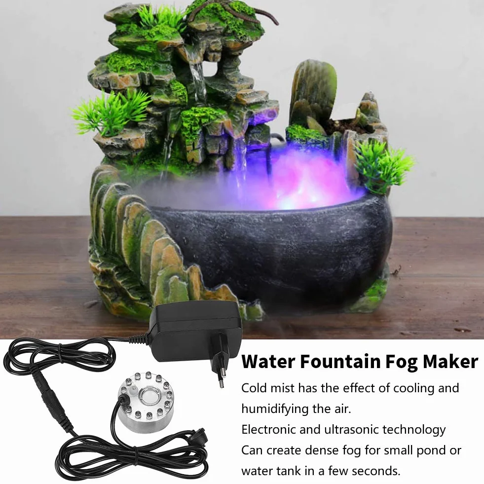 Brumisateur à Ultrasons, Mini Fontaine d'Eau avec 12 Lumières, Humidificateur pour Bassin et Étang 100-240V