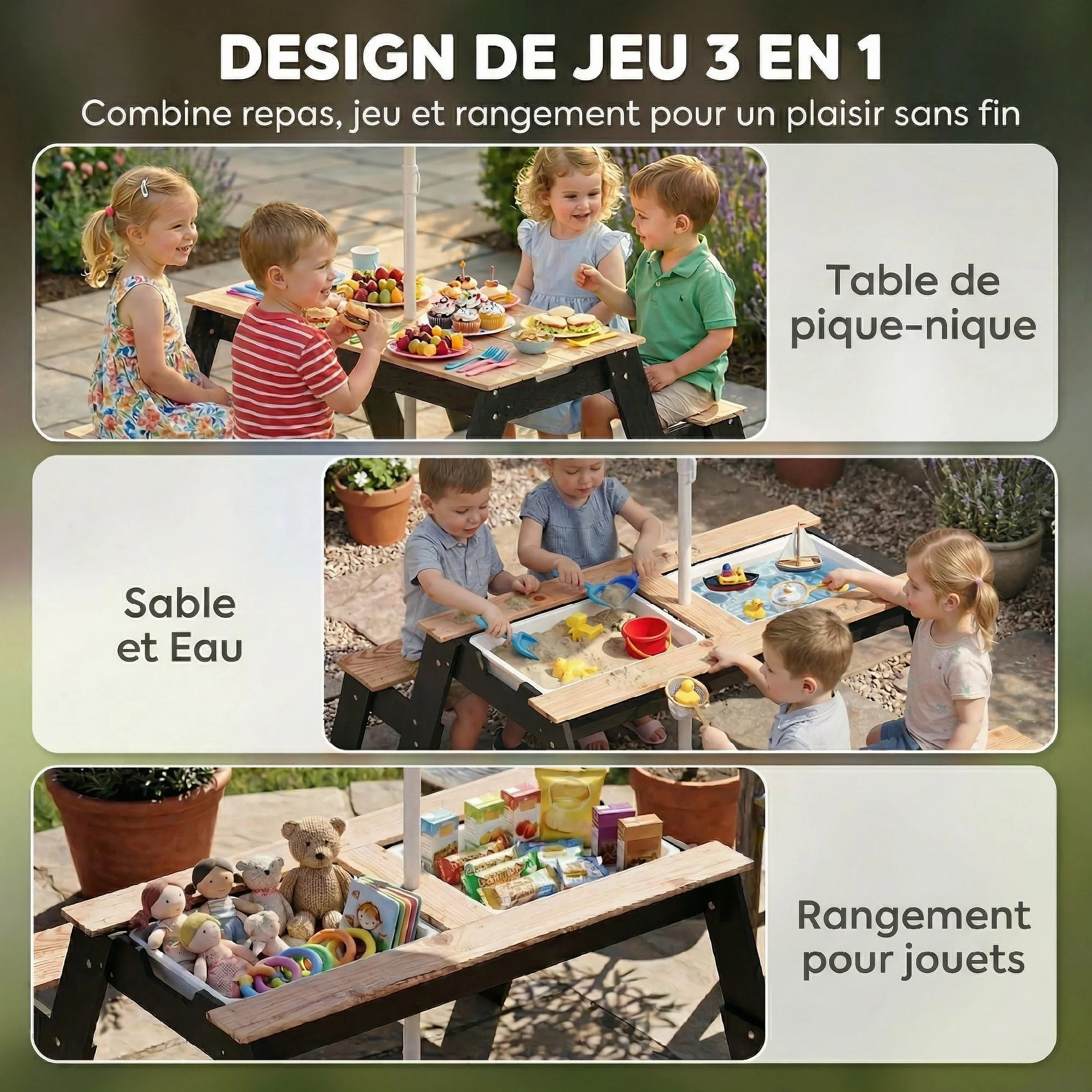 AIYAPLAY Table de Pique-Nique Enfants avec Parasol Amovible 3 en 1 Salon de Jardin en Bois pour Enfants 3-6 Ans Charge 50 kg