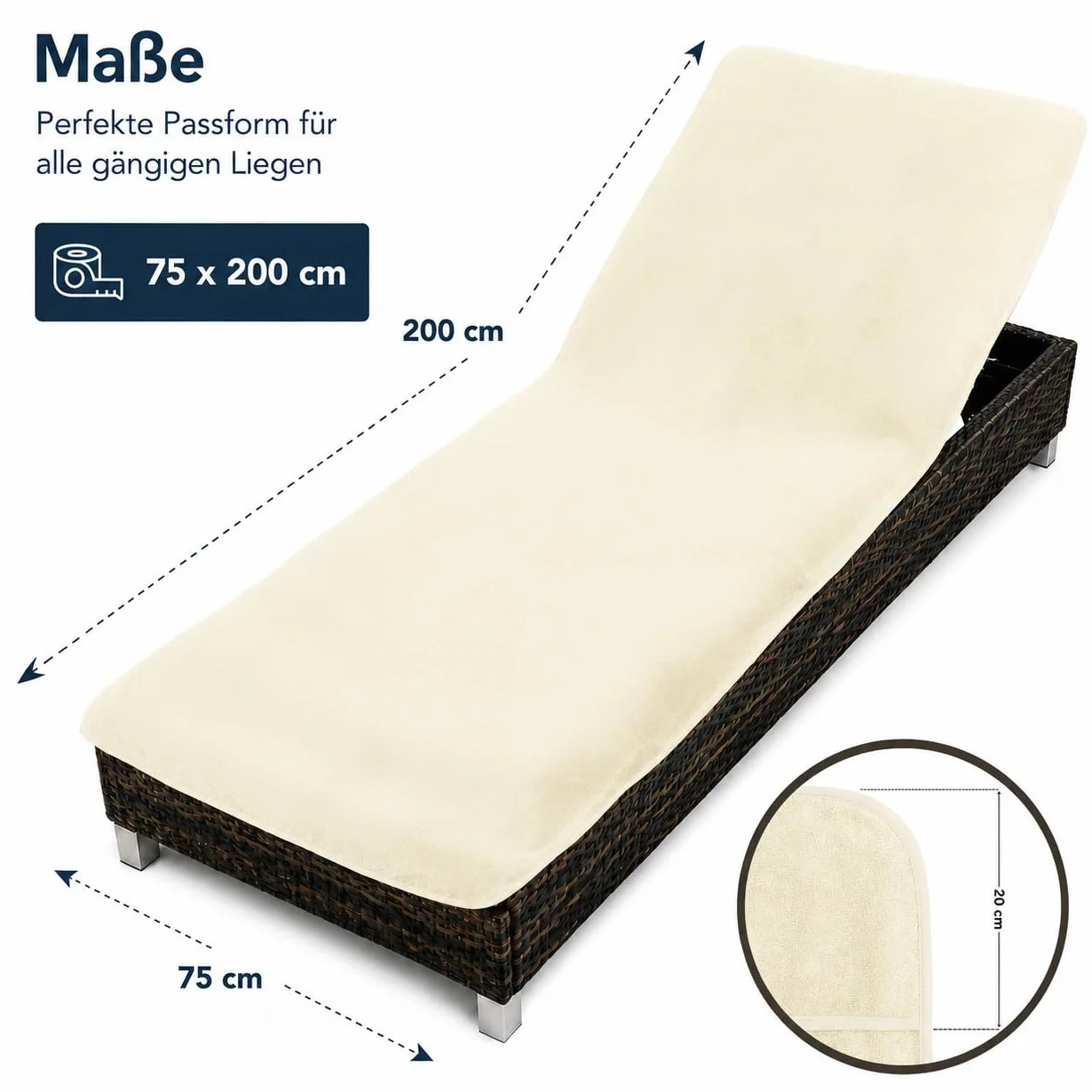 Housse de Protection pour Chaise longue 75x200 cm – Serviette en Tissu éponge 100% Coton – lavable, antidérapante, certifiée Öko-Tex 100 – Crème