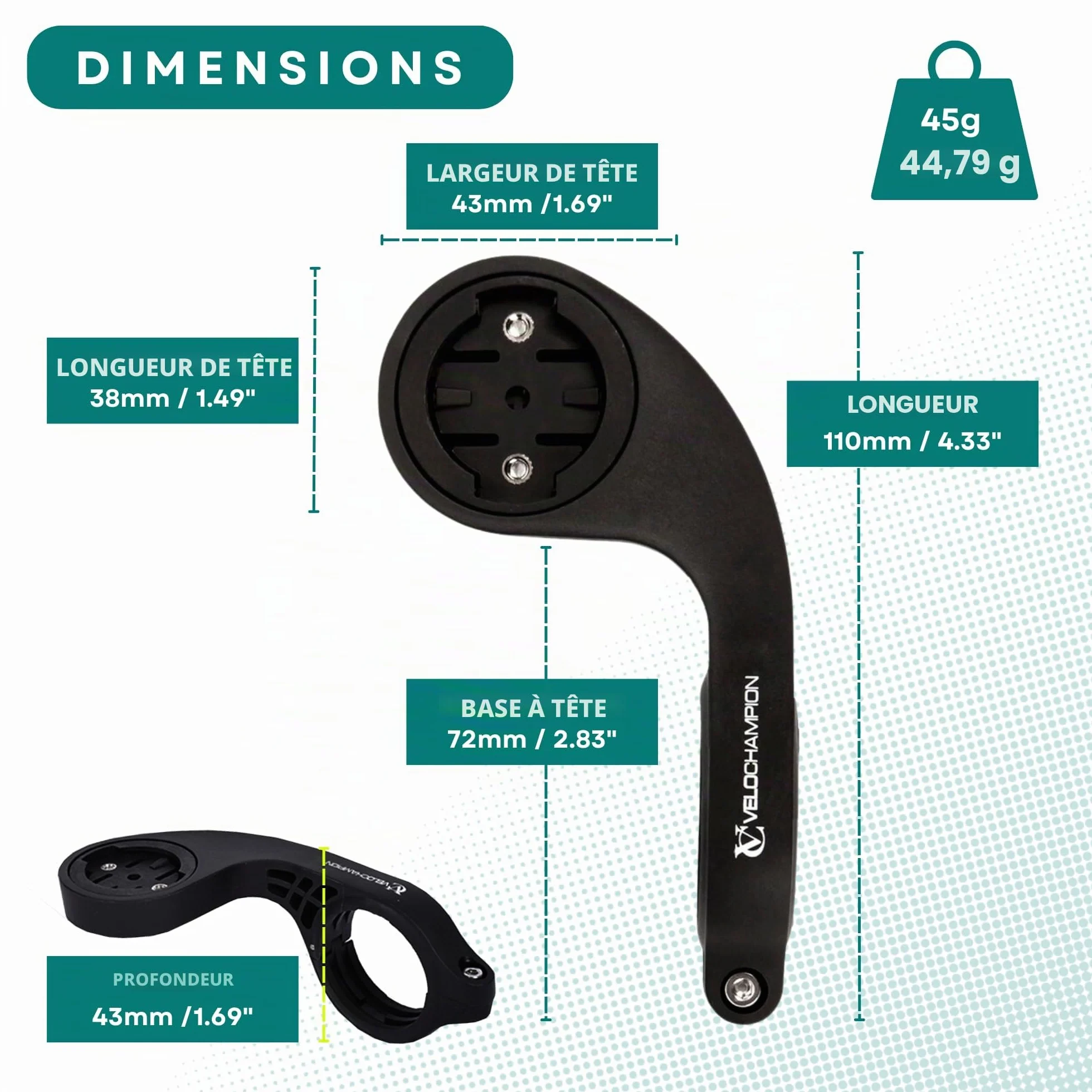 VeloChampion Support de Guidon Vélo Déporté Compatible avec Les GPS Garmin ou Wahoo. Convient aux Diamètres de Guidon de 25,4 à 35 mm.