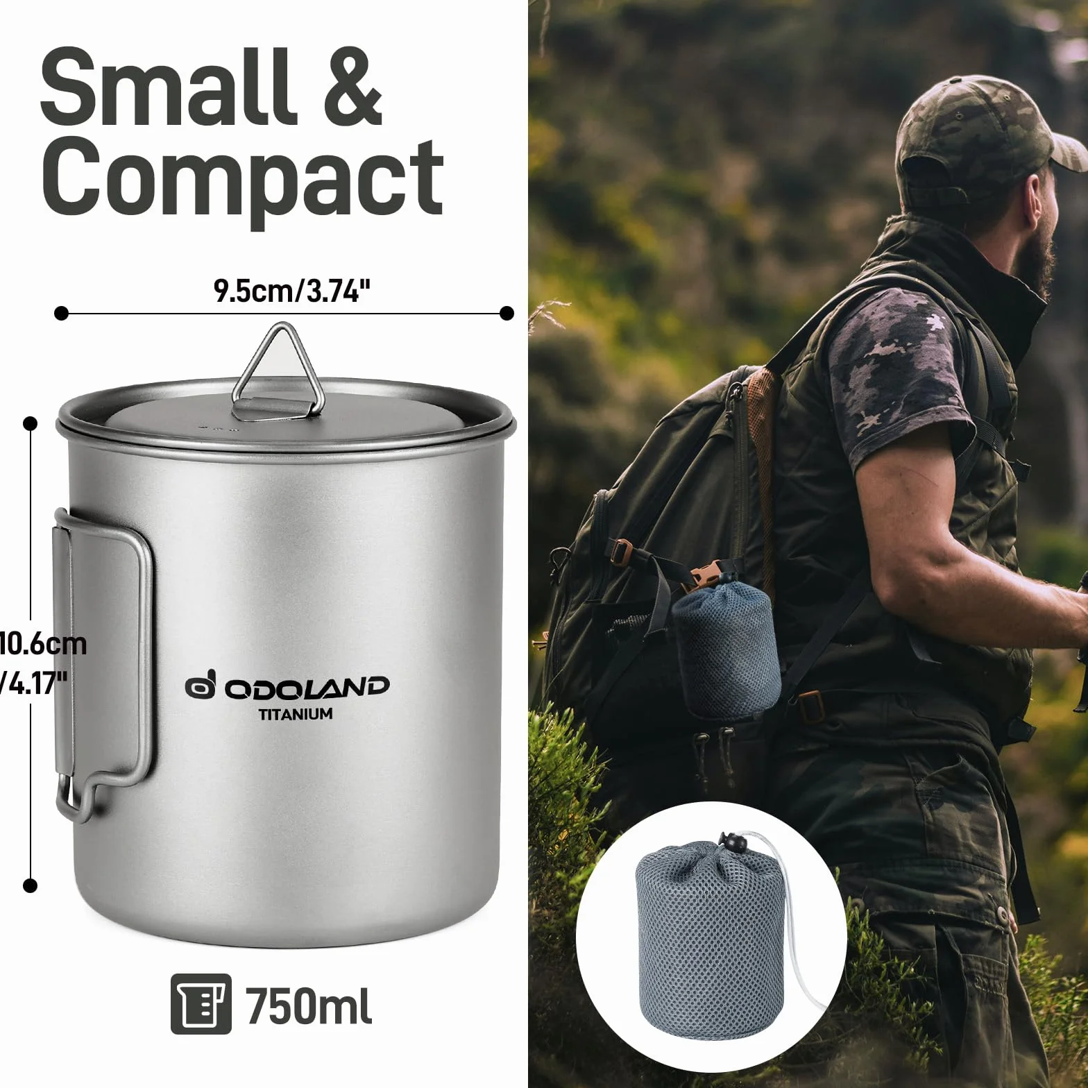 Odoland Pot en titane de 750 ml - Ultra léger - Portable - Tasse de camping avec couvercle et fourchette - Pour camping, randonnée, voyage et randonnée