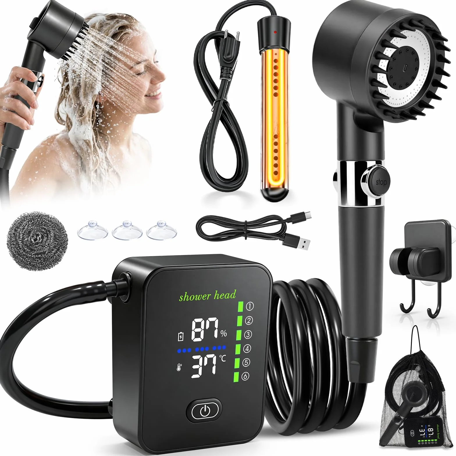 KingSom Douche de Camping, Douche Portable avec Chauffage, 8000 mAh Pompe de Douches Électrique Rechargeable, Douches Camping Réglable avec Grand LED Écran Intelligent pour Extérieure, Randonnée