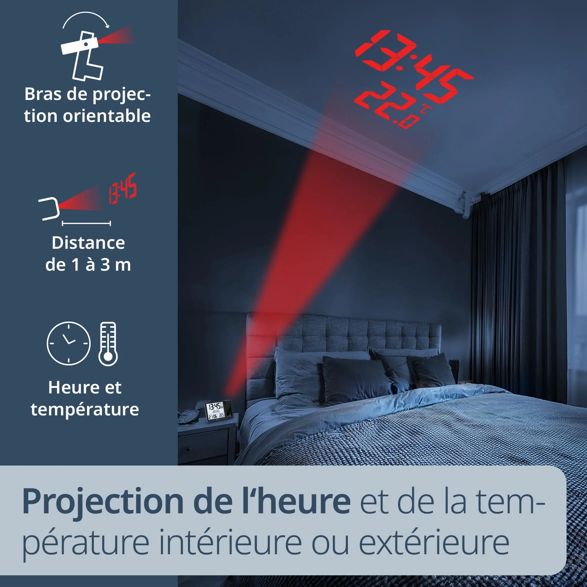 ADE Réveil Radio piloté Horloge numérique avec capteur extérieur Affichage température Date Jour Semaine Noir