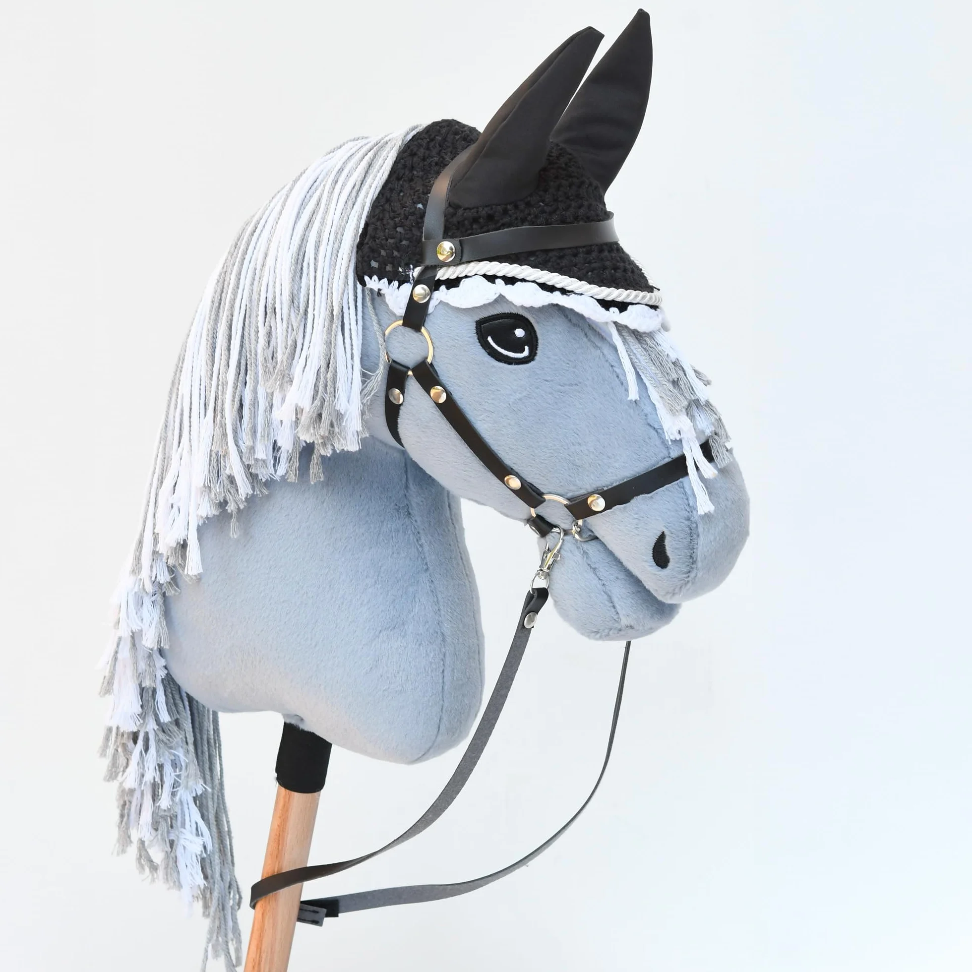 Hobby Horse Ensemble d'accessoires Licol moumoute avec Longe et Bonnet Anti-Insectes - Taille A4 et A3 (Noir)