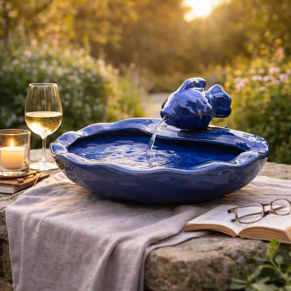 Fontaine à eau en céramique solaire 37 cm poisson bleu émaillée IP44 jardin extérieur
