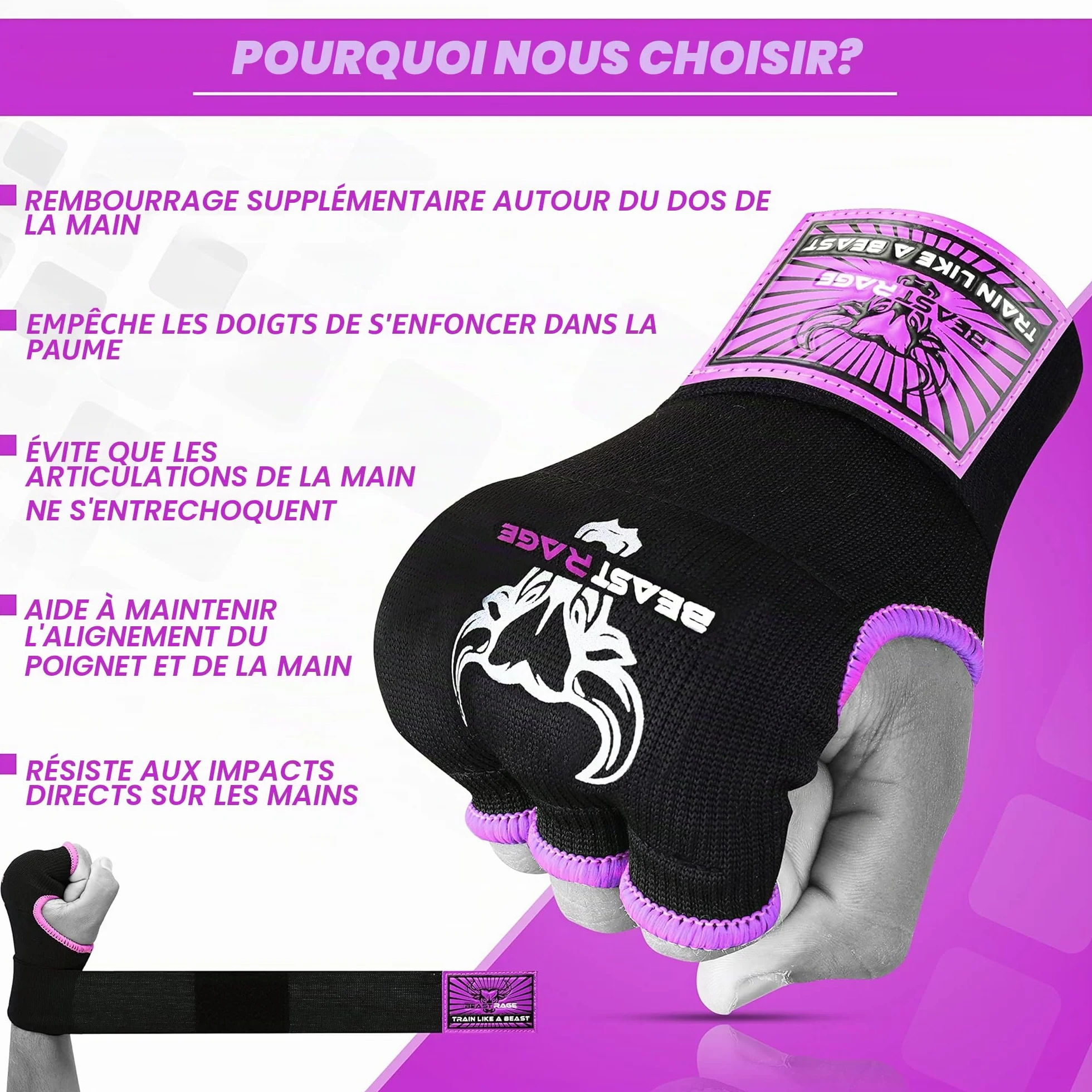 Beast Rage Gants de Boxe en Gel MMA de 75 cm de Long, rembourrés, élastiques, pour Sac de Frappe, entraînement Muay Thai, Bandages UFC pour Hommes, Femmes, Enfants