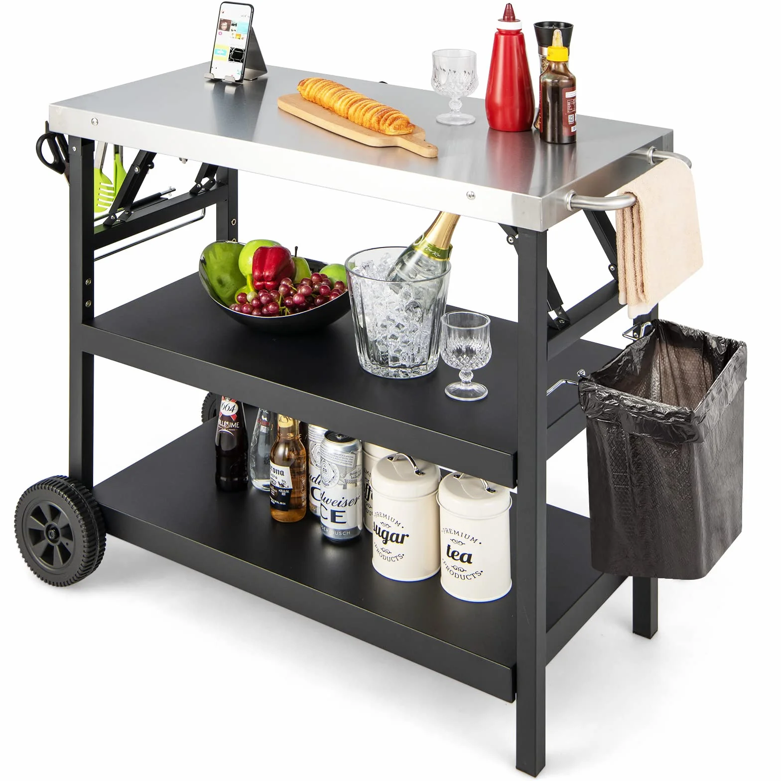 GOPLUS Chariot de Barbecue Mobile 3 Niveaux Étagère réglable Support Porte-épices Porte-Serviettes Crochets