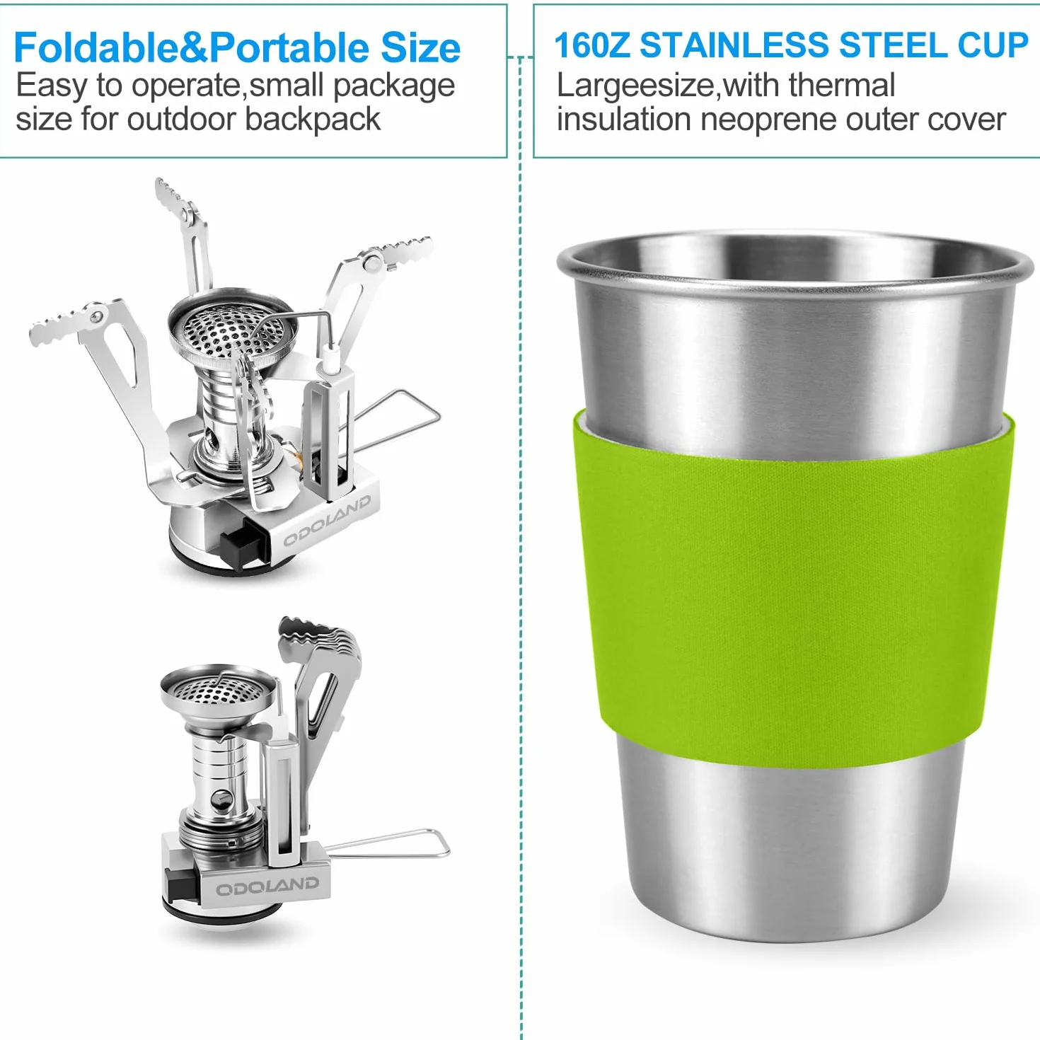 Odoland Kit de Casseroles Camping, 10PCS Ustensiles de Cuisine de Camping en Aluminium Durable, Camping Ustensiles Complets avec Réchaud de Camping Portable Ultraléger pour Camping, Randonnée, Pêche