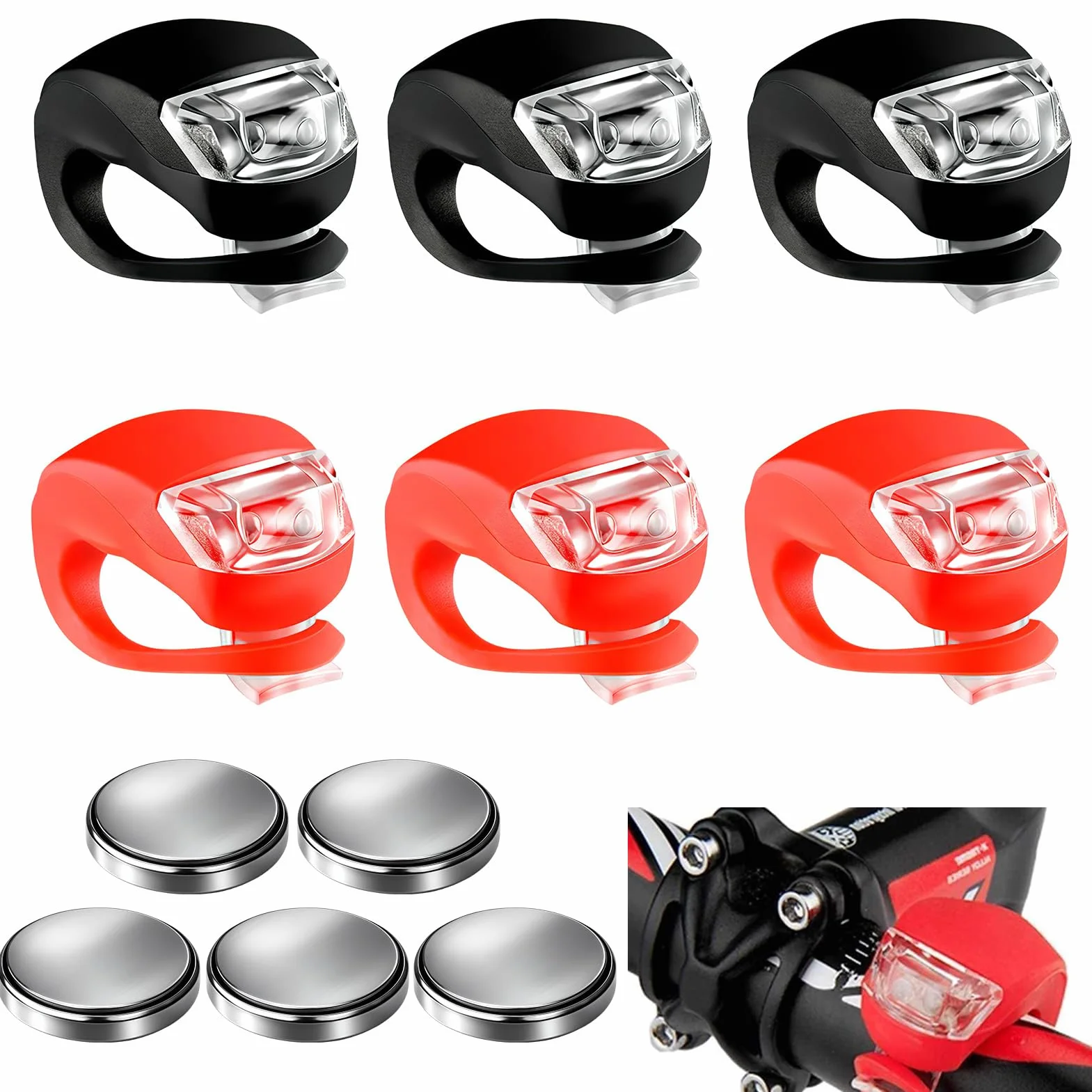 6 Lumières Vélo LED + 5 Piles CR2032 – Feux Avant & Arrière Étanches en Silicone – 3 Modes – Éclairage Vélo Rouge/Blanc pour Cyclisme de Nuit, Jogging, Sécurité Extérieure (A)