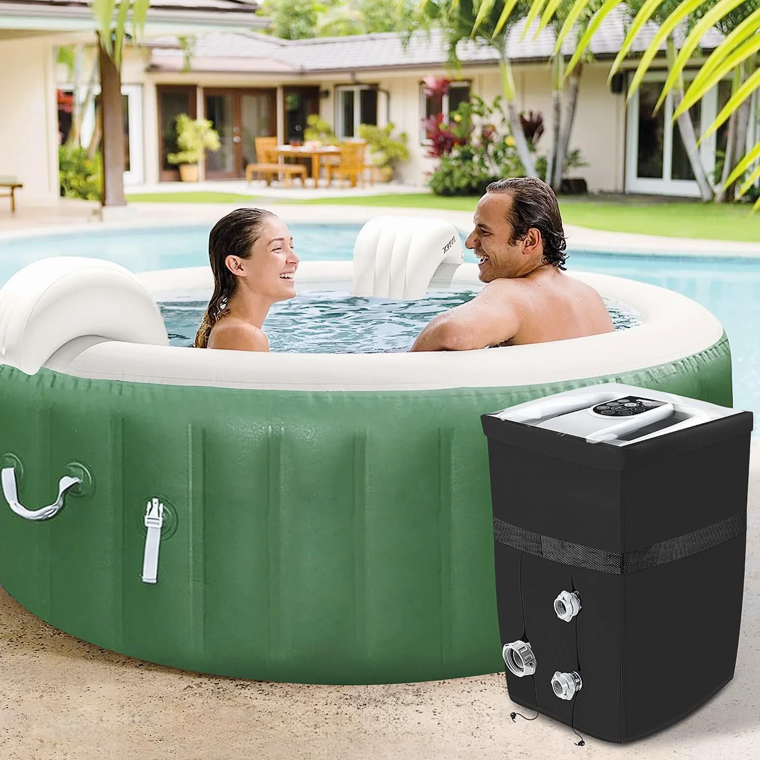 Housse de Pompe Gonflable Robuste pour Jacuzzi avec Ouverture à Fermeture éclair et Fenêtre PVC Transparent Noir
