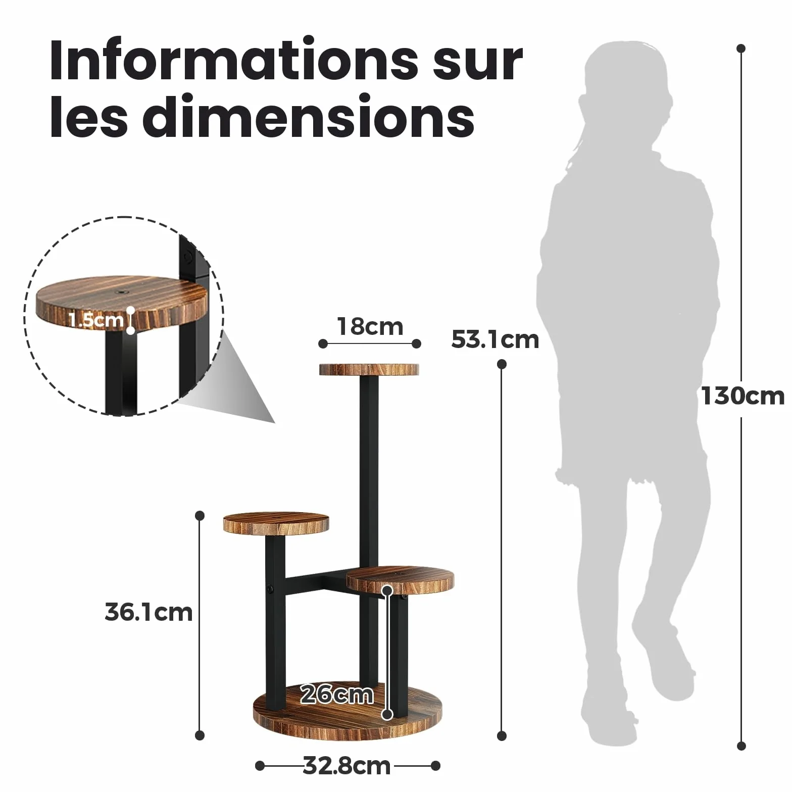 Bamworld Support Plante d'Angle 3 Niveaux en Métal Bois Étagère Fleurs Intérieur Jardin Extérieur