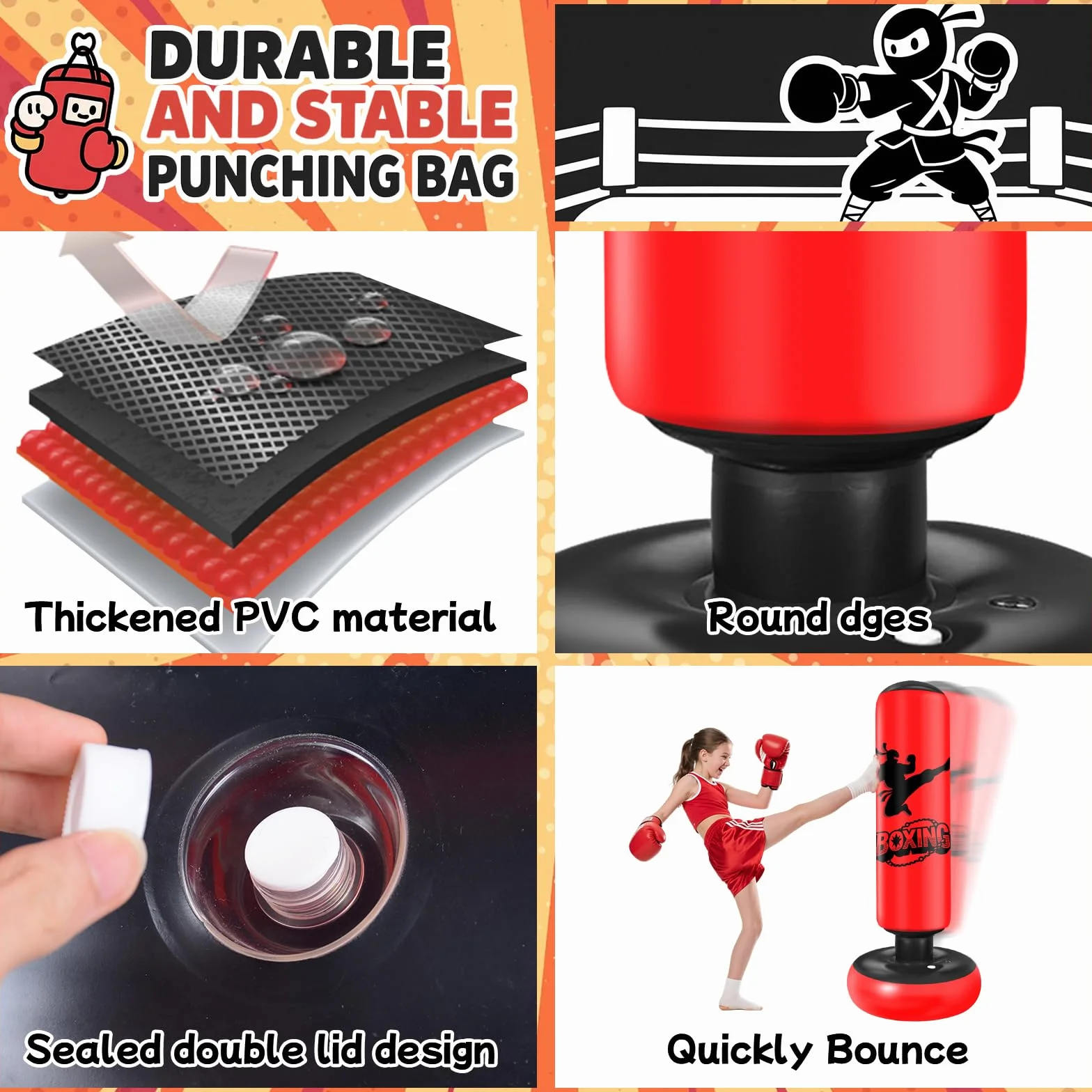 Sac de Frappe Enfant 160CM Ninonly Punching Ball Enfants avec Gants de Boxe Ultra-Résistant PVC Gonflable Sac de Boxe Cadeaux pour GarçOns et Filles 3-12 Ans pour Pratique du Karaté, Taekwondo