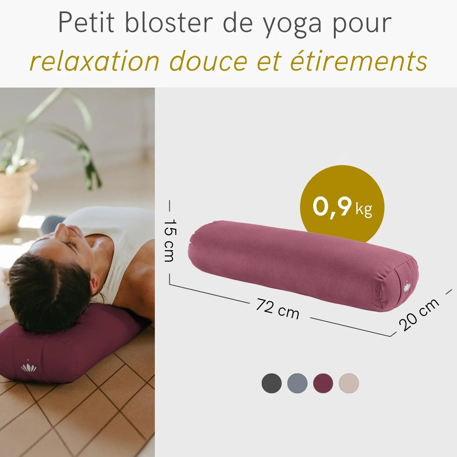 LOTUSCRAFTS Bolster de yoga pour Yin Yoga, rouleau de yoga, housse lavable en coton bio, coussin de yoga avec rembourrage en kapok, rouleau pilates, coussin de medidation