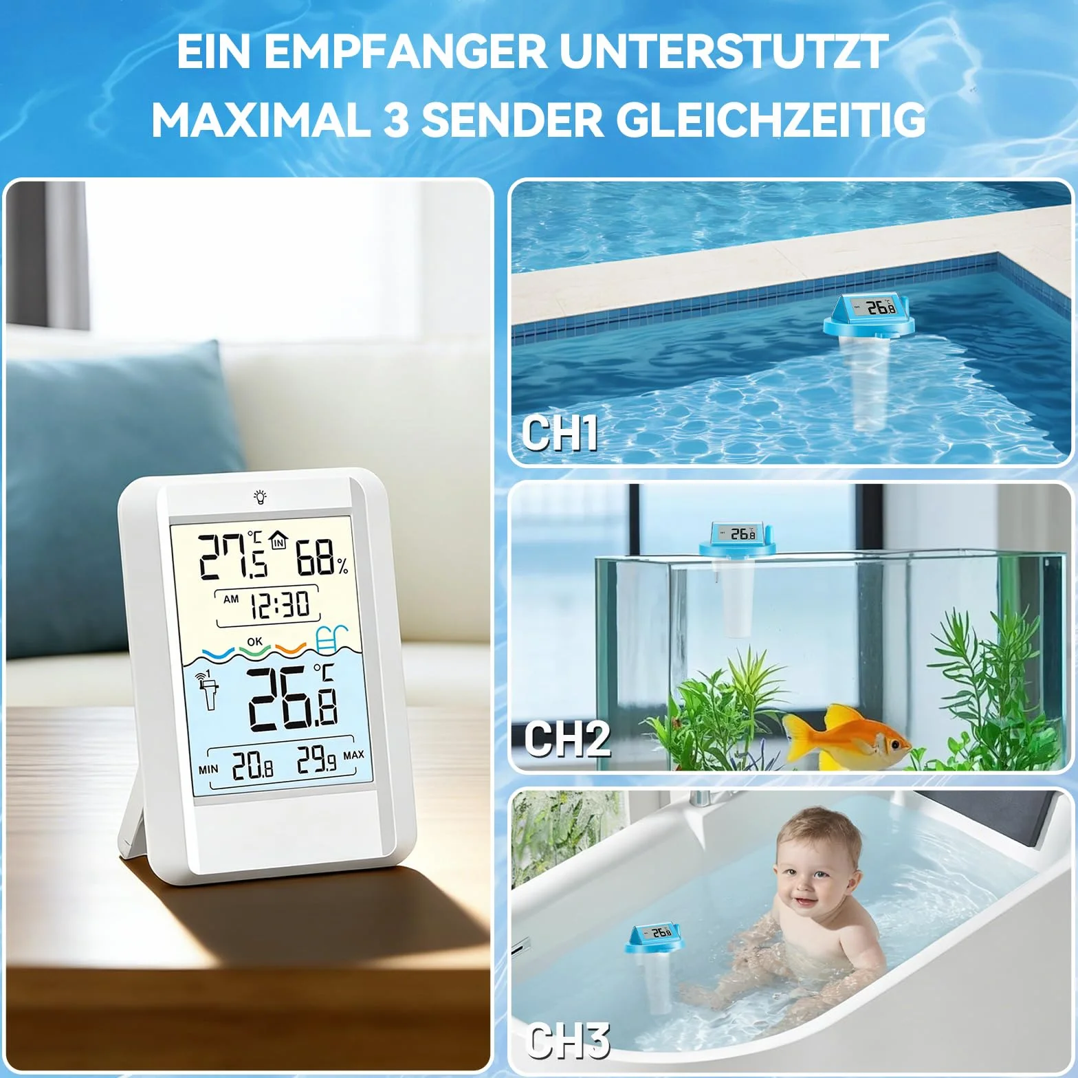 Warmfay Thermomètre de piscine numérique sans fil solaire batterie IP68 récepteur 70 m