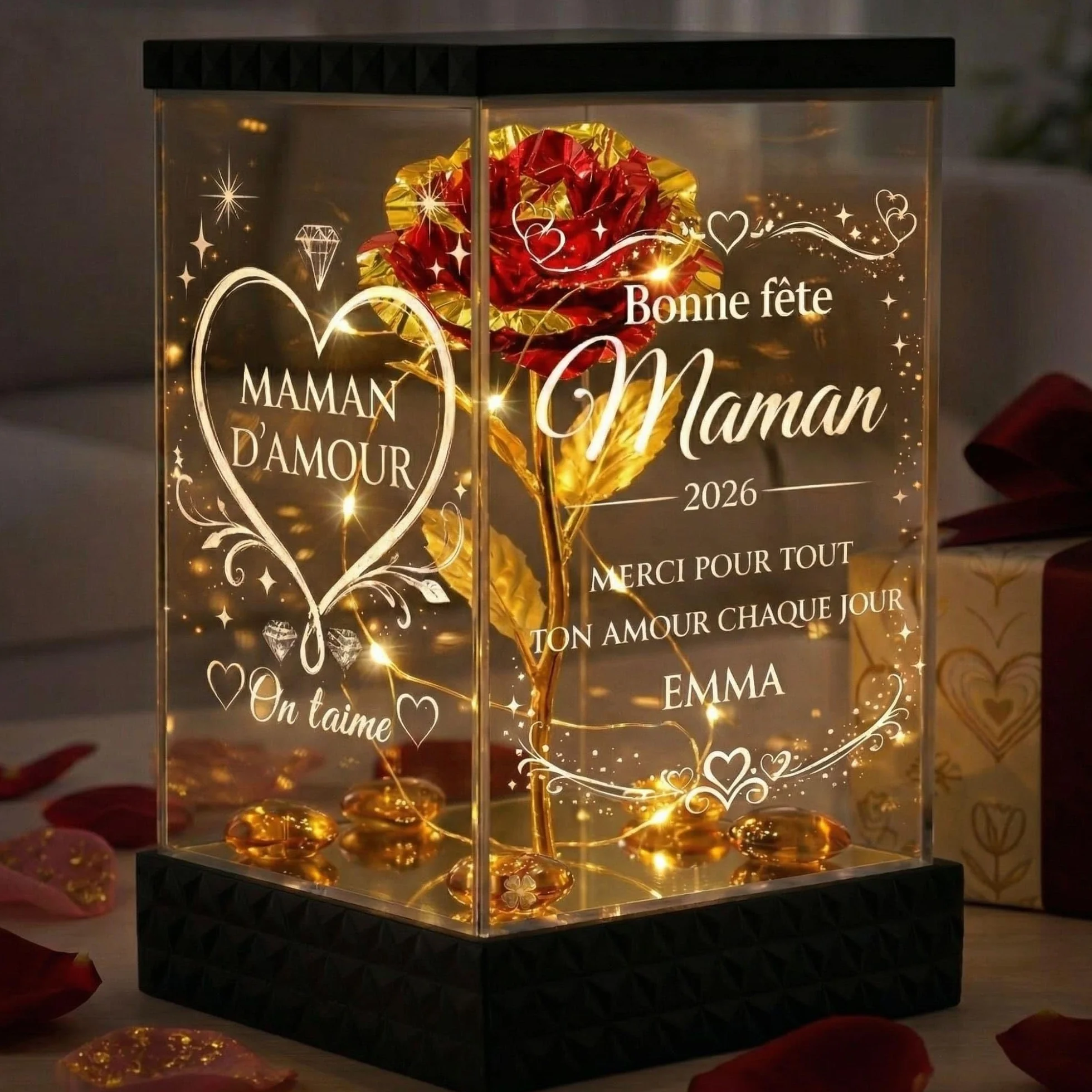 Rose Lumineuse Personnalisée Maman - Cadeau Fête des Mères Original, Lanterne LED 4 Faces Gravées, Rose Rouge Dorée avec Prénom