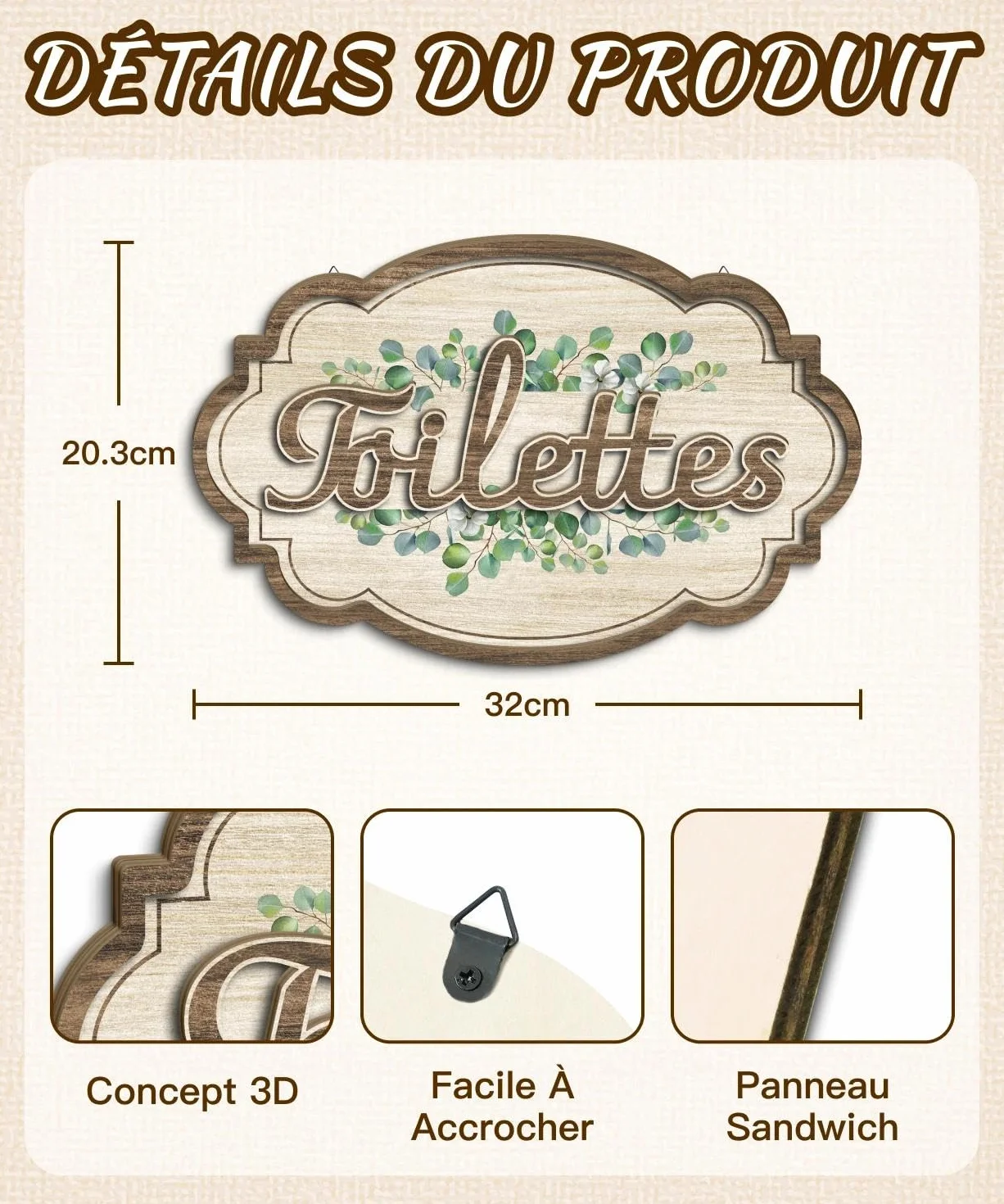Plaque Murale Toilettes Eucalyptus Décoration Style Rustique MDF Salle de Bain