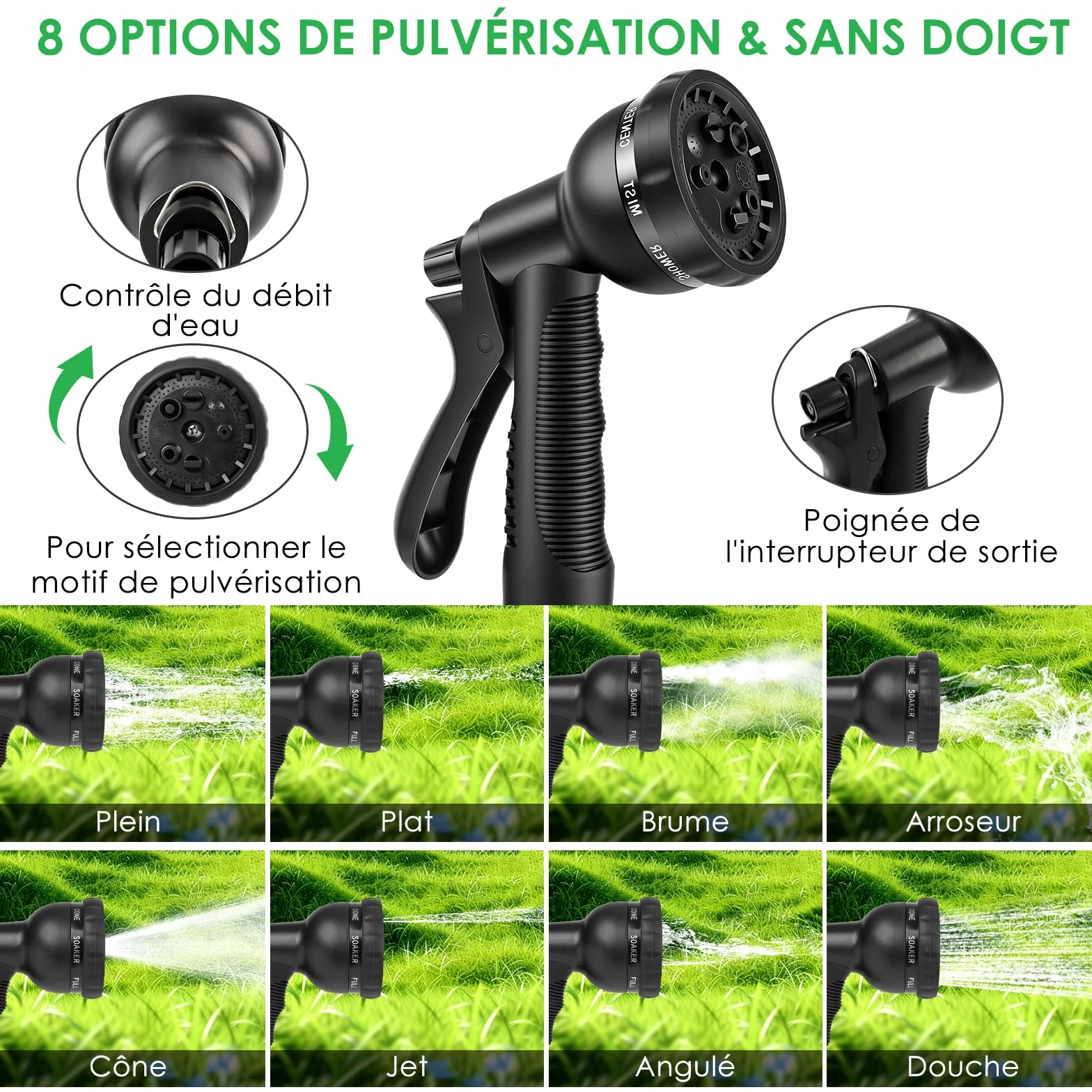 Tuyau d'arrosage extensible 30M 100FT avec pistolet 8 fonctions adaptateurs 1/2'' 3/4'' jardin noir