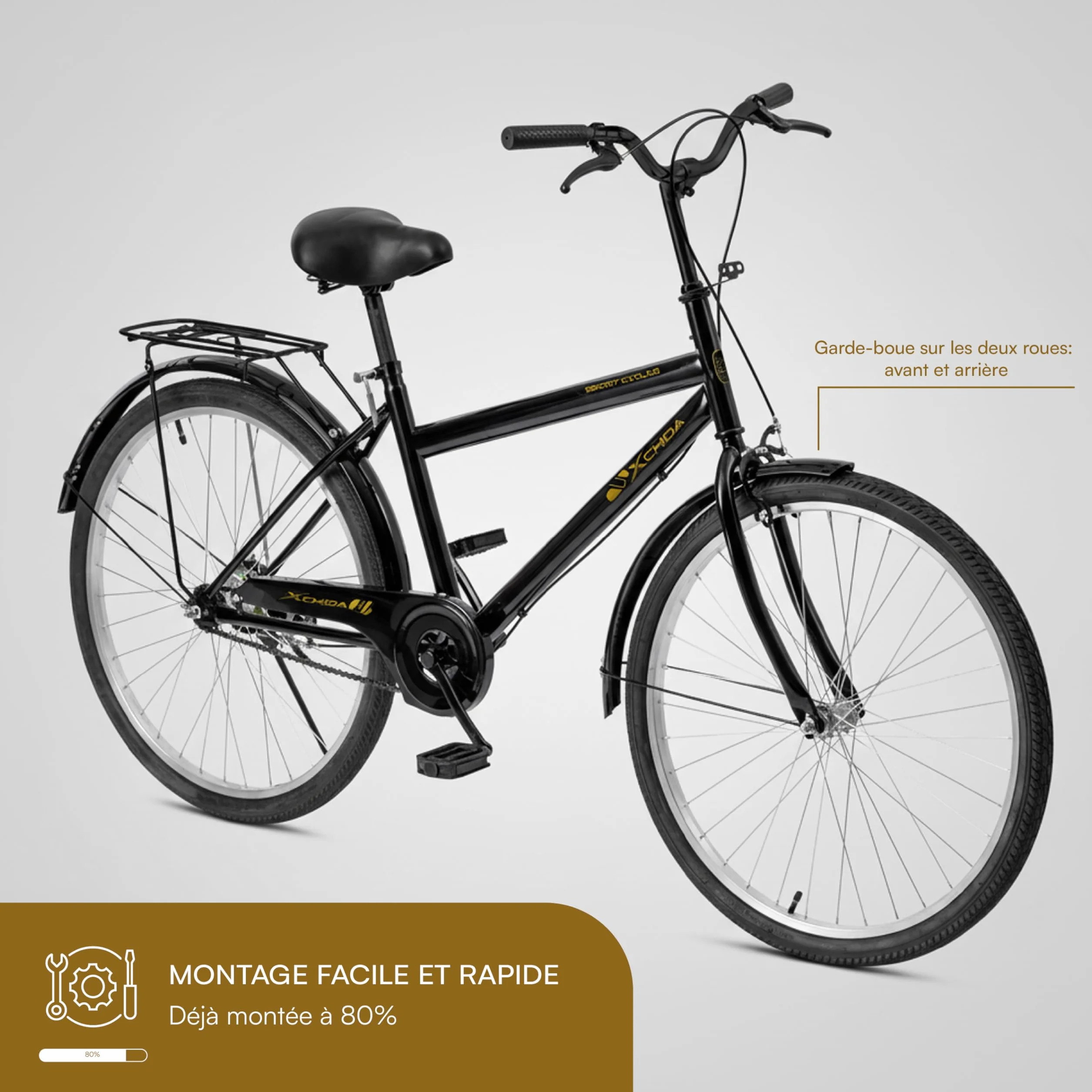 Vélo de ville Baroni Home avec guidon et selle réglable, double frein, noir 168x110 cm