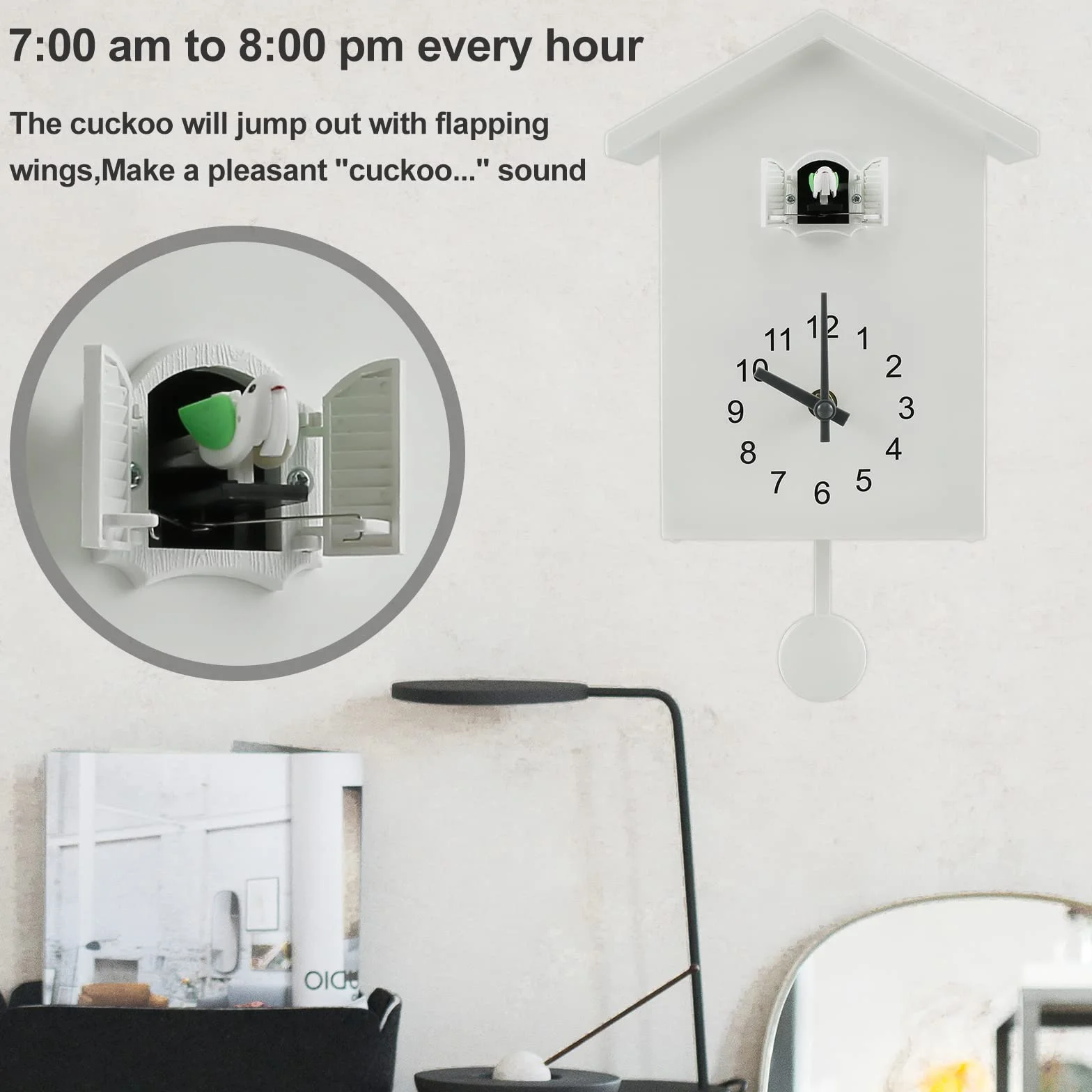 Horloge à Coucou Moderne Murale avec Pendule, Décoration Maison Salon Bureau Blanc