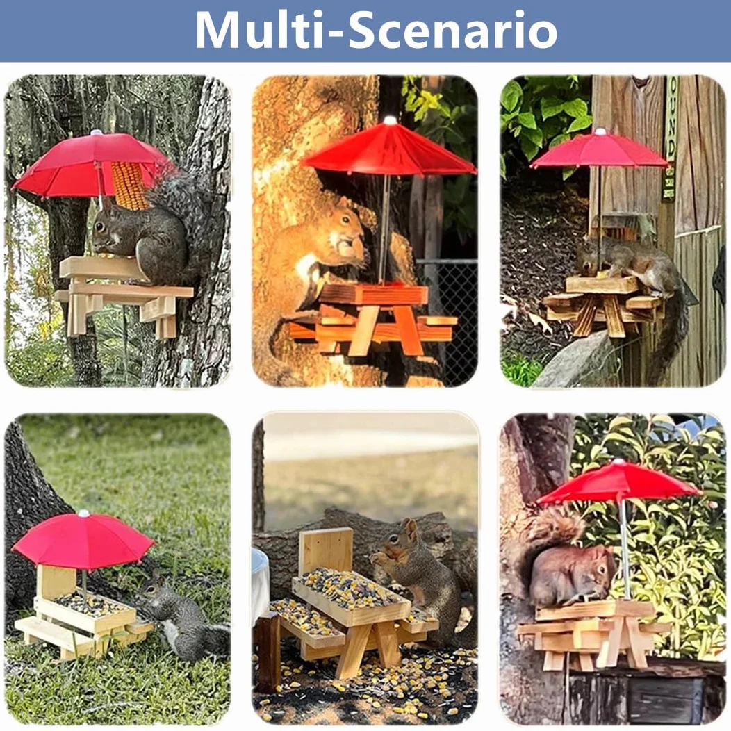 Mangeoire pour écureuil avec parapluie – Banc de pique-nique en bois avec support pour maïs, décoration de jardin