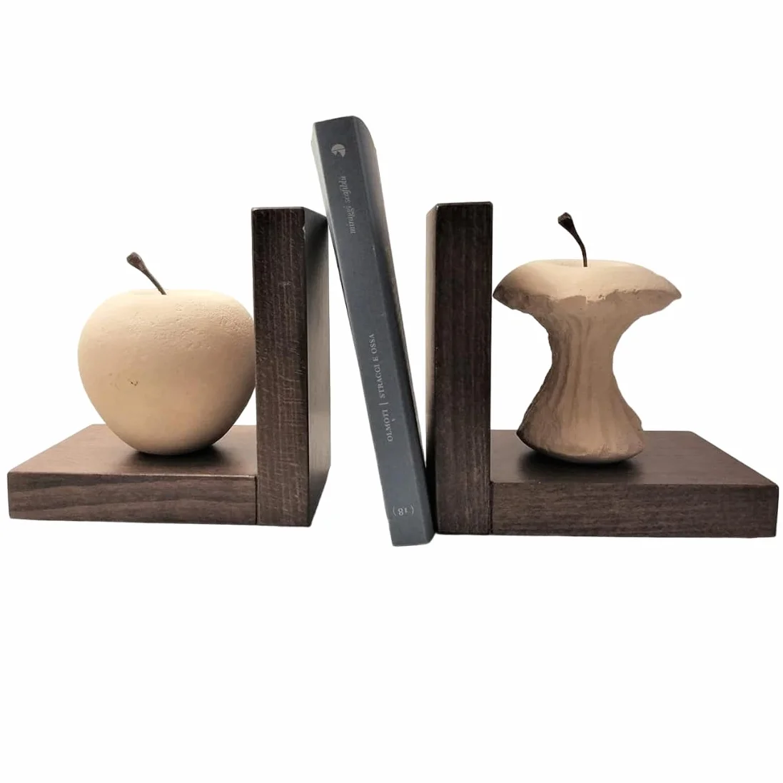 Progetto Arte Paire Serre-Livres Pomme Mangée Sculpture Pierre Base Bois Fait Main