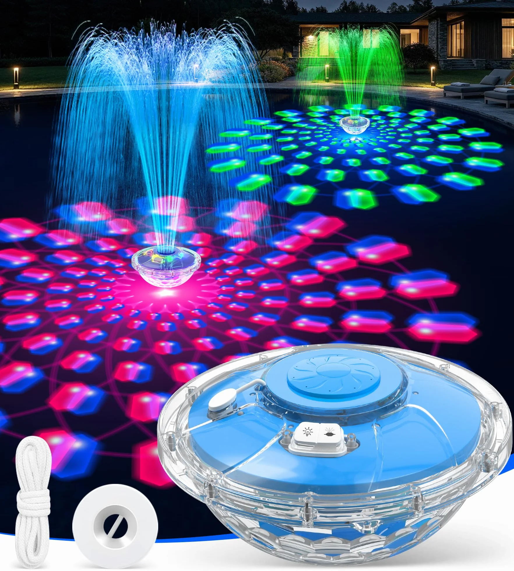 Fontaine Flottante Piscine avec Spectacle Lumineux 8000mAh 2 Modes Pulvérisation Jet Eau 130cm