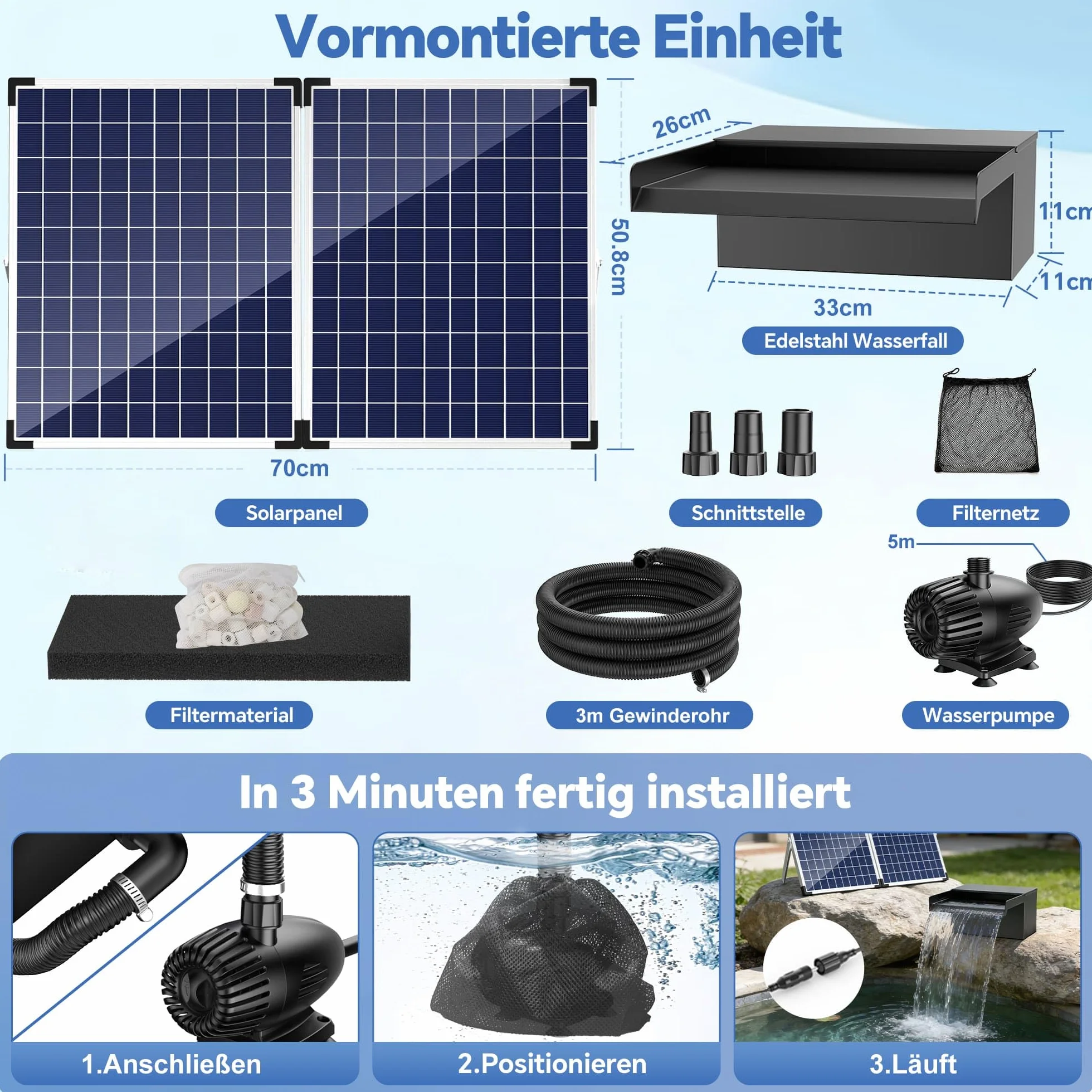 Biling Kit cascade solaire acier inoxydable 70W pompe filtre 2500L/H lame 32 cm bassin