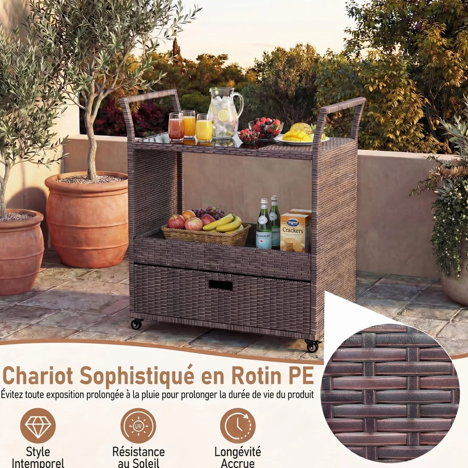 SOARS Desserte Exterieur Rotin PE Chariot Plancha Roulettes Plateau Verre Barbecue Jardin Patio