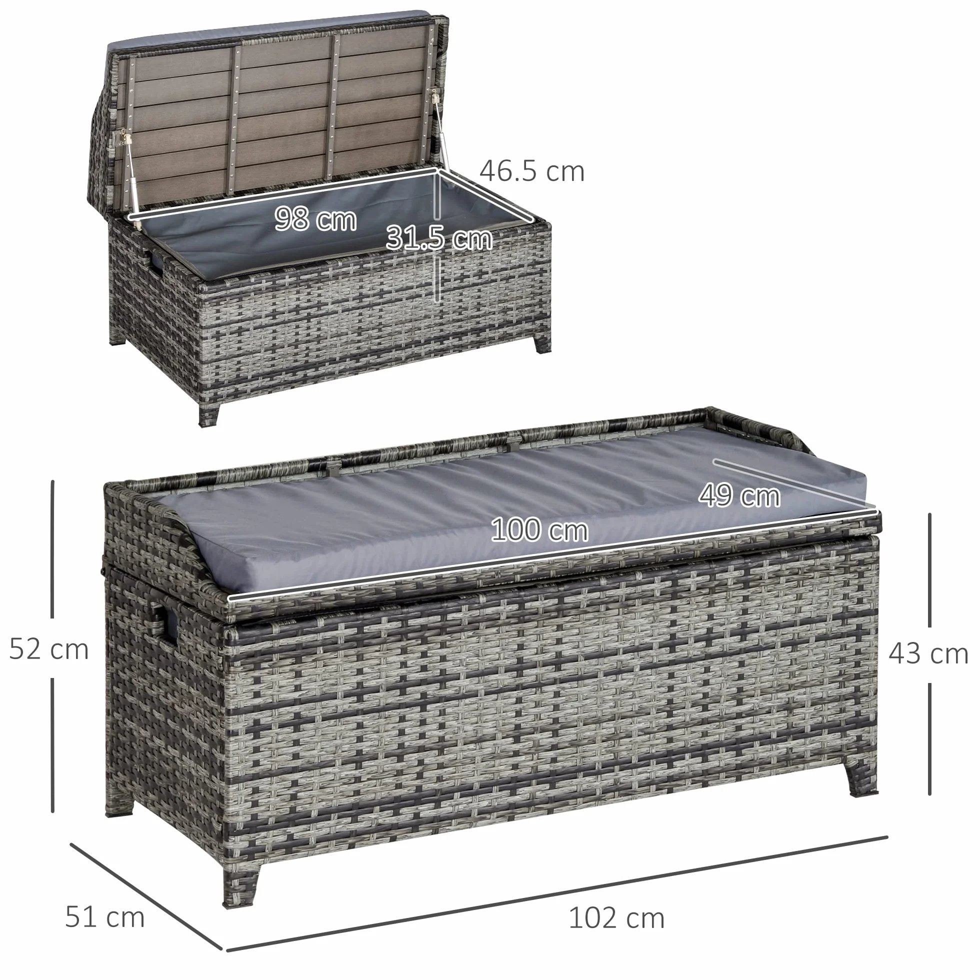 Outsunny Banc de rangement extérieur en rotin PE, aluminium, gris mélangé