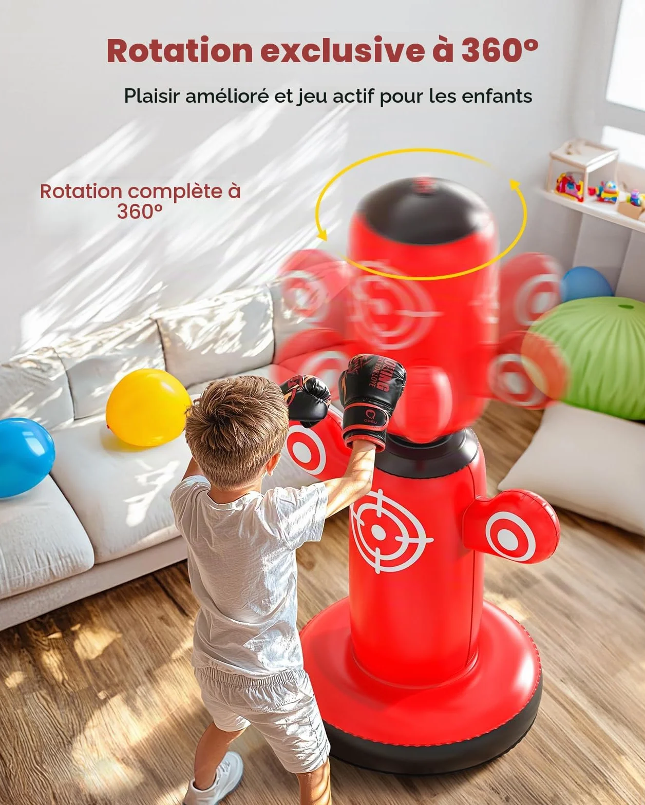 QPAU Rotatif à 360° Punching Ball pour Enfants, 162,6 cm Gonflable Sac de Frappe pour Enfant 6-14, Sac de Boxe Set pour Pratique du Karaté, Taekwondo