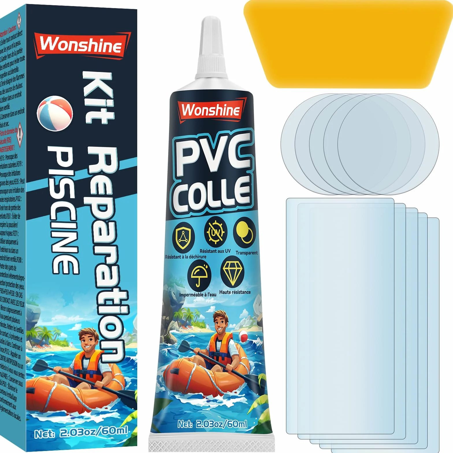 Kit de Réparation Piscine, Rustine Transparente, Colle PVC 60 ML