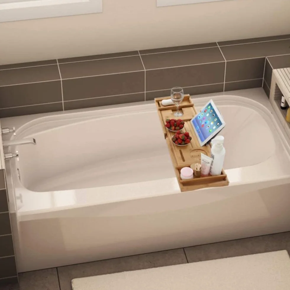 Plateau de Bain en Bambou Extensible 75-109cm avec Rangement et Porte-Savon