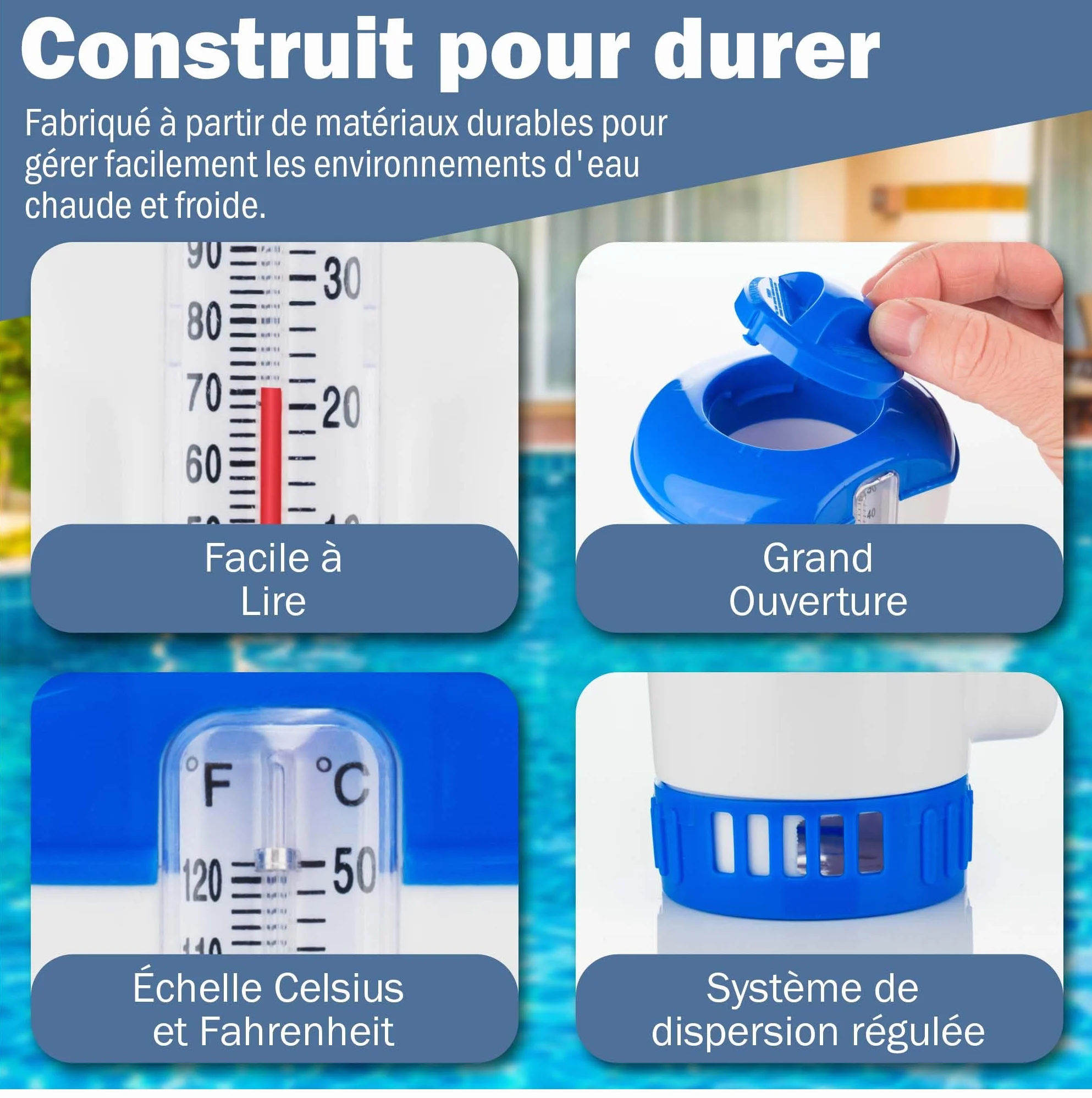 Distributeur de Chlore Flottant avec Thermomètre Intégré pour Piscine et Spas – Contrôle du Débit Réglable