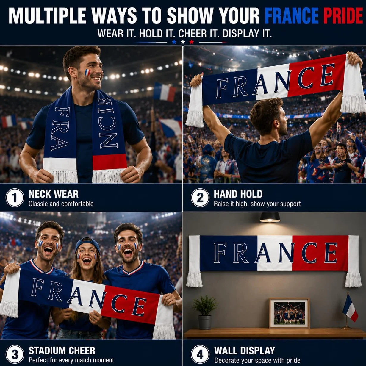 Lot De 1 Écharpe Fan France – Écharpe Tricolore Avec Logo France, Longue Écharpe Tressée Pour Hommes & Femmes, Parfaite Pour Matchs De Foot, Fan Party & Stade