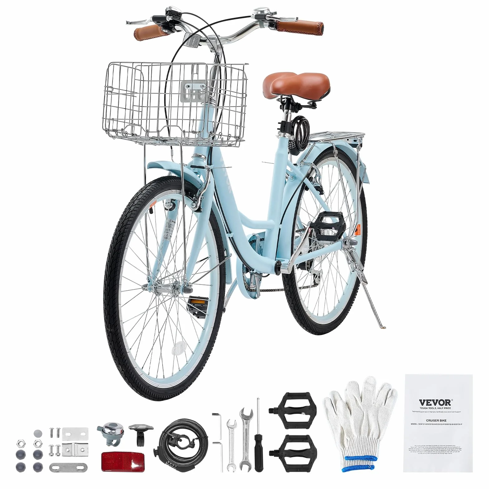 VEVOR Vélo croiseur, Vélo de Plage avec Panier de Grande capacité, Porte-Bagages arrière et siège réglable, sécurisé et Robuste, pour Cyclisme..